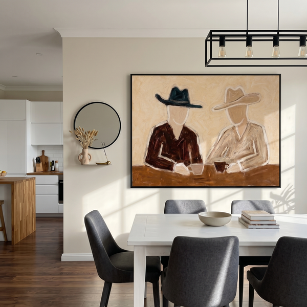 "Two Cowboys’ Coffee Chat" – Modern Heavy Impasto Minimal Western Figurative | 3D Warm Cream & Earth Brown Palette Knife Painting | Luxury Horizontal Wall Art #PE 524