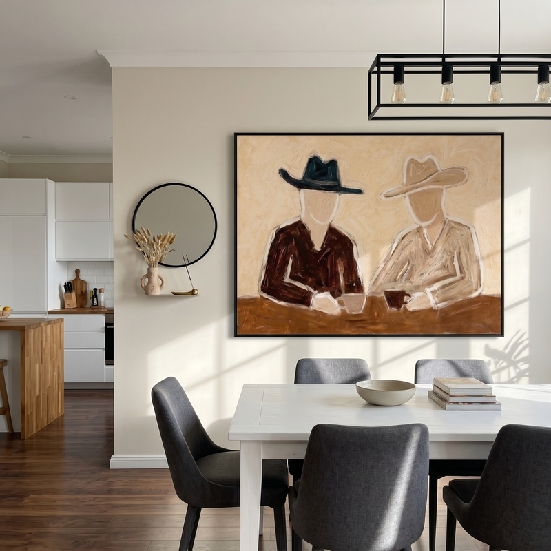 "Two Cowboys’ Coffee Chat" – Modern Heavy Impasto Minimal Western Figurative | 3D Warm Cream & Earth Brown Palette Knife Painting | Luxury Horizontal Wall Art #PE 524