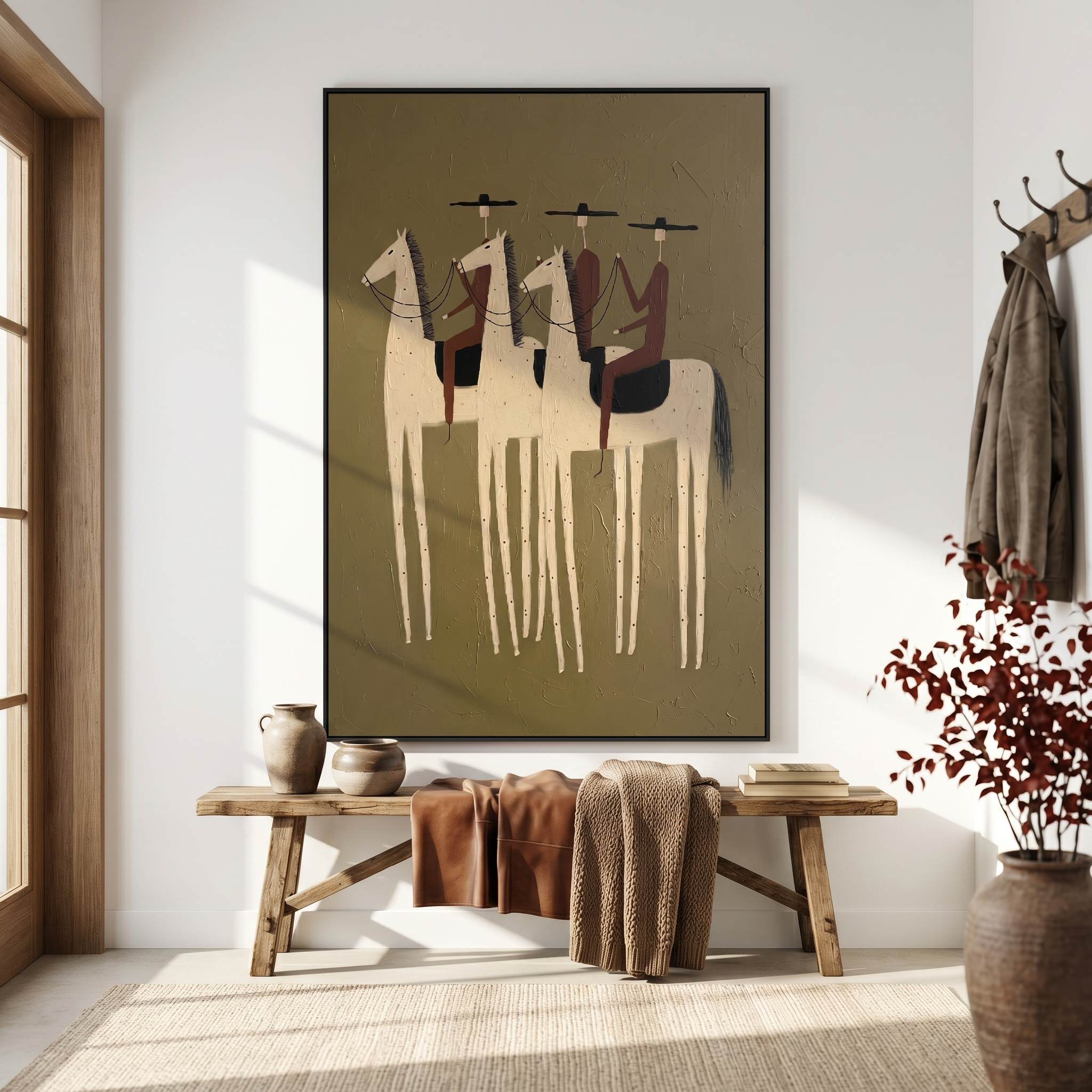 "Three Prairie Wanderers" – Modern Heavy Impasto Western Folk Figurative | 3D Dusty Olive & Warm Russet Palette Knife Painting | Luxury Vertical Wall Art #AB 515