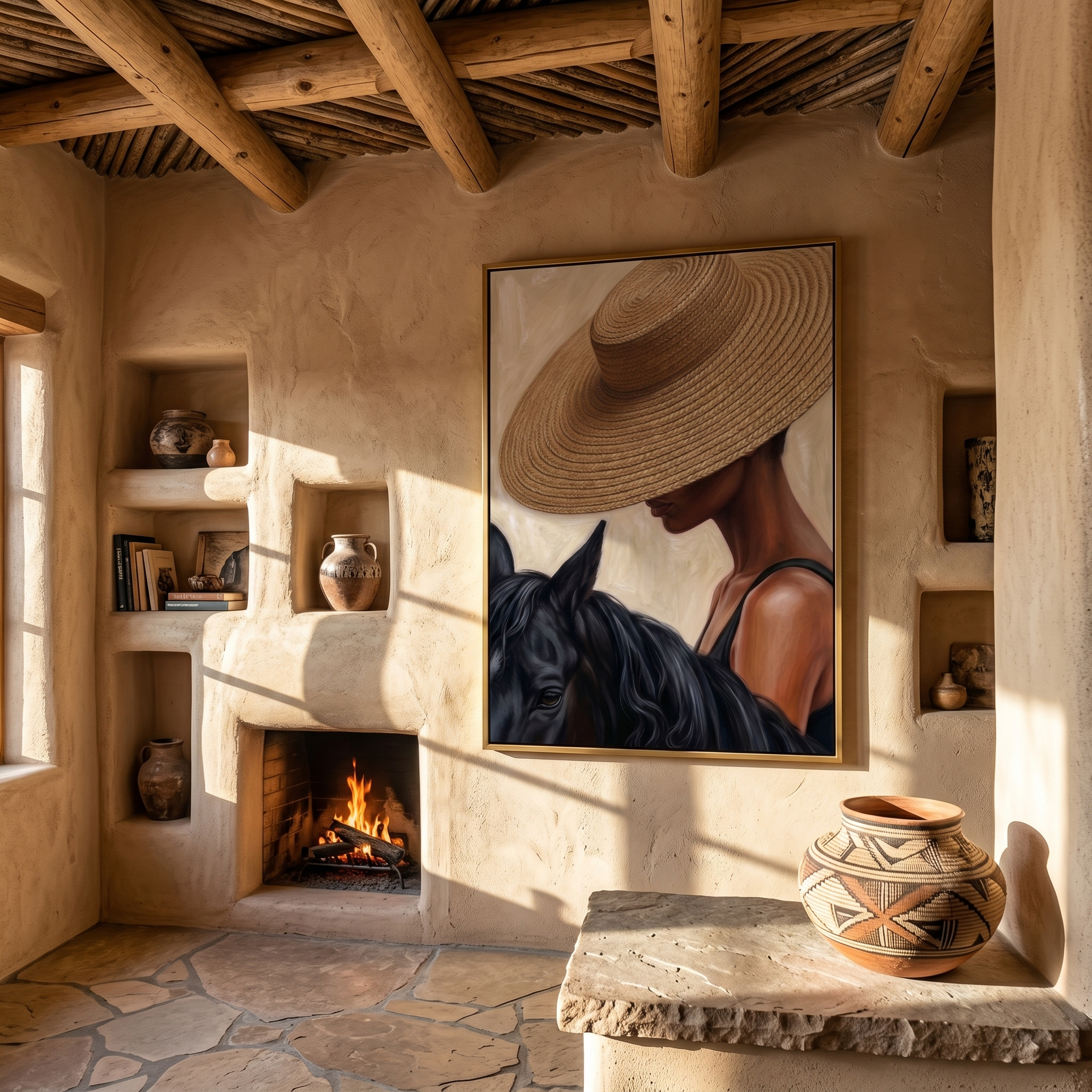 "Straw Hat & Steed" – Modern Heavy Impasto Figurative Art | 3D Natural Woven & Noir Palette Knife Painting | Luxury Vertical Wall Art #PE 516