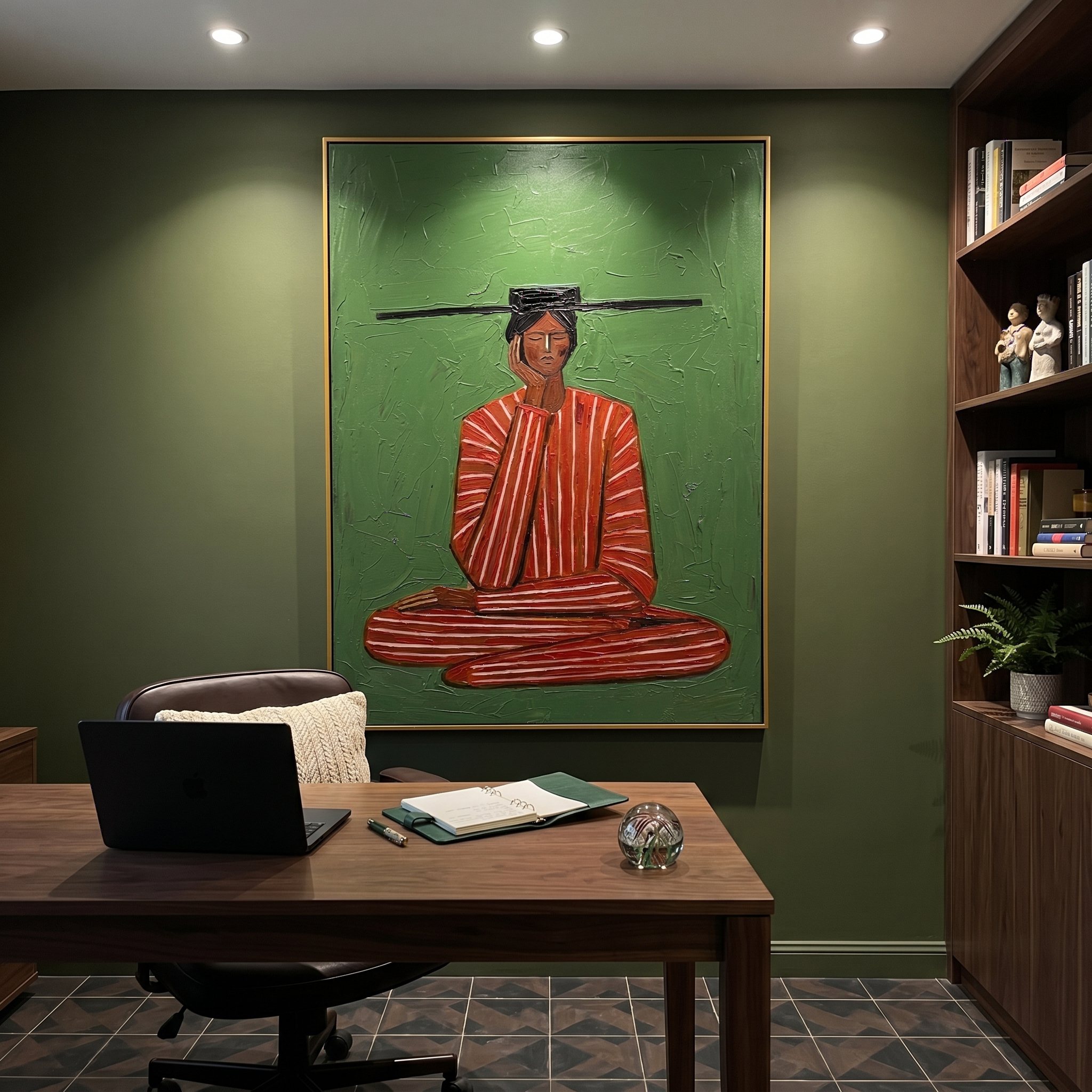 "Meditation in Stripes" – Textured Abstract Portrait Art | Bold Green & Red Zen Woman Painting | Contemporary Vertical Wall Decor #PE 503