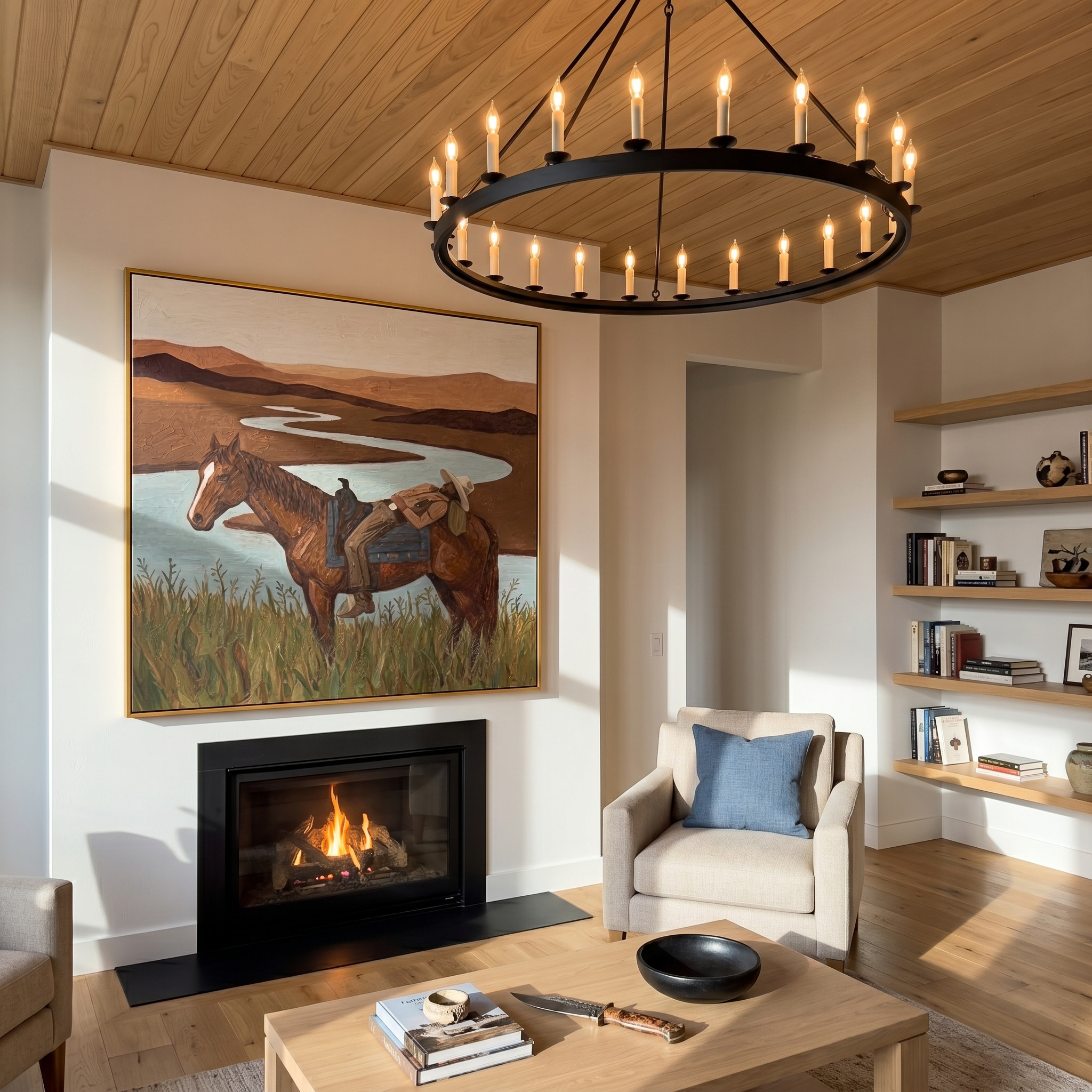 "Riverside Siesta Cowboy" – Modern Heavy Impasto Western Landscape Figurative | 3D Clay Terracotta & Muted Aqua Palette Knife Painting | Luxury Square Wall Art #PT 566