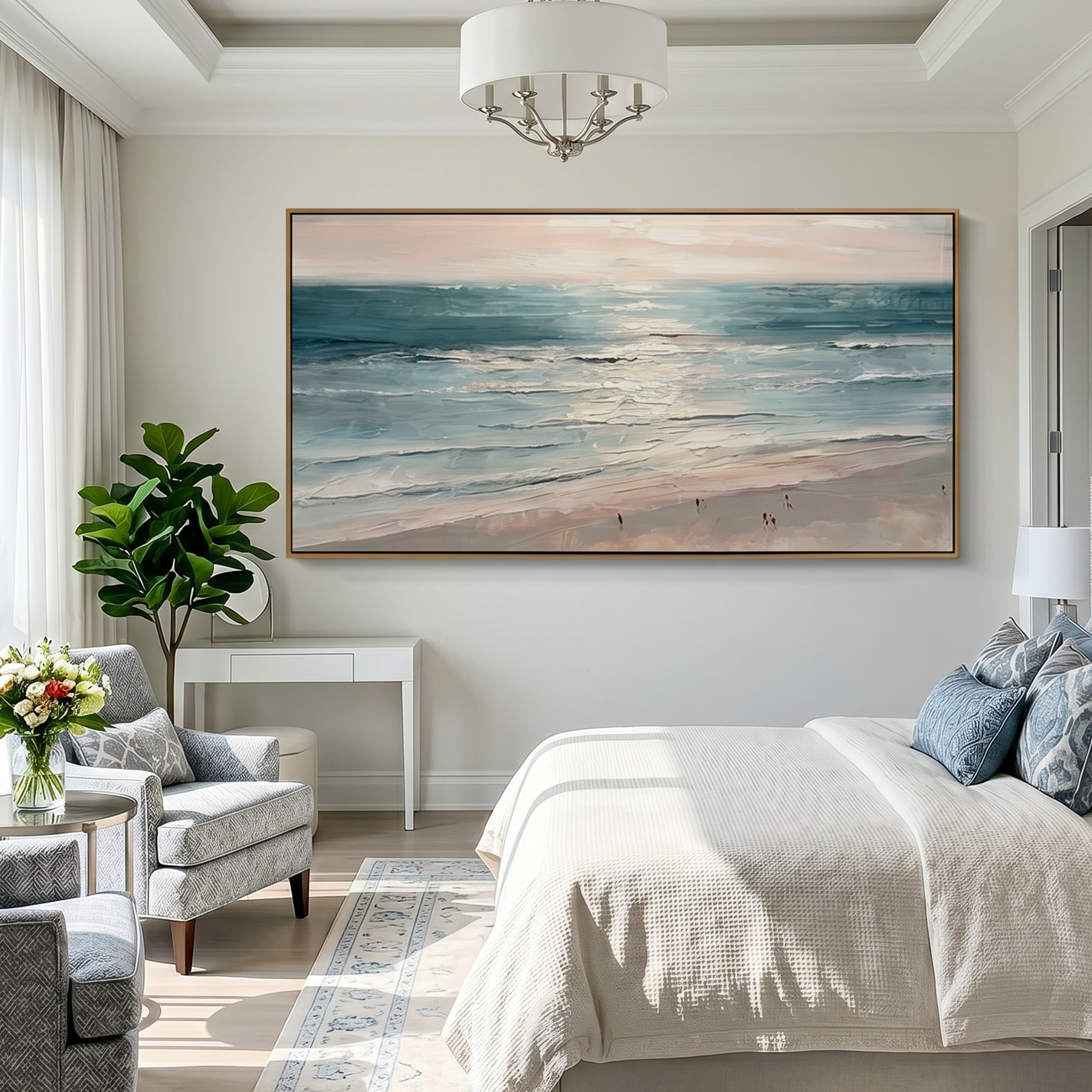 "The Infinite Blue" – Panoramic Healing Seascape Oil Painting | Modern Minimalist Coastal Living Room Art #BE066