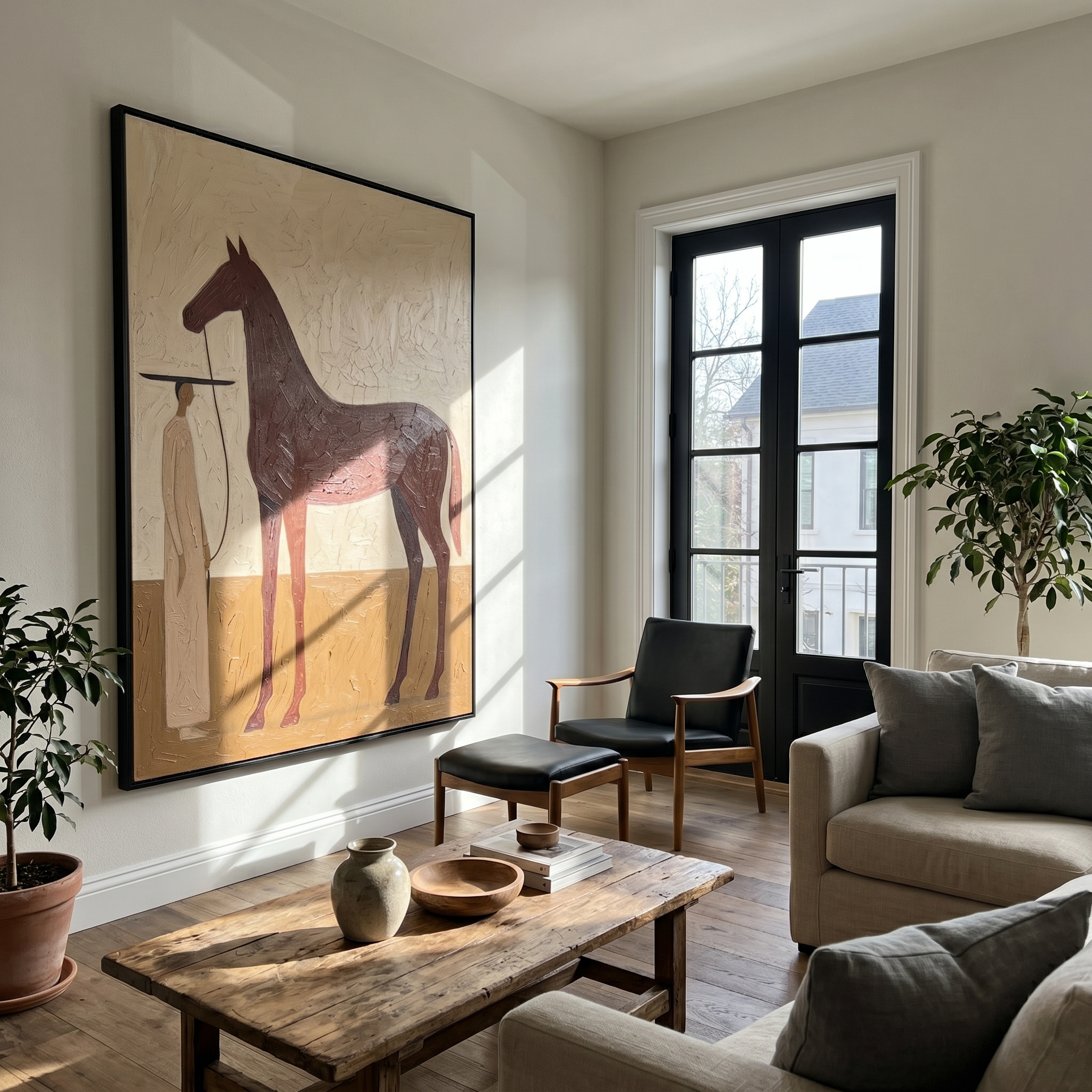 "Calm Equine Keeper" – Modern Heavy Impasto Minimal Western Figurative | 3D Warm Russet & Sand Beige Palette Knife Painting | Luxury Vertical Wall Art #AB 514