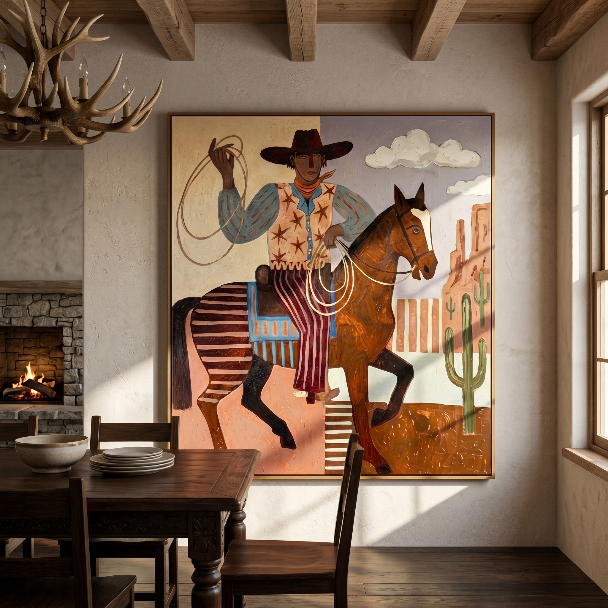 "Star Vest Rodeo Cowboy" – Modern Heavy Impasto Folk Western Figurative | 3D Warm Terracotta & Sky Blue Palette Knife Painting | Luxury Vertical Wall Art #PT 560