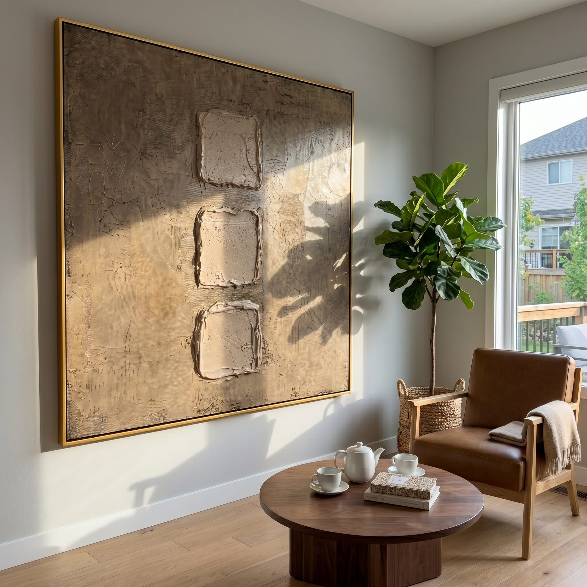 "Earthy Geometric Relief" – Expressive Sculptural Abstract Art | 3D Layered Taupe & Cream Canvas | Luxury Square Wall Art #WS 247