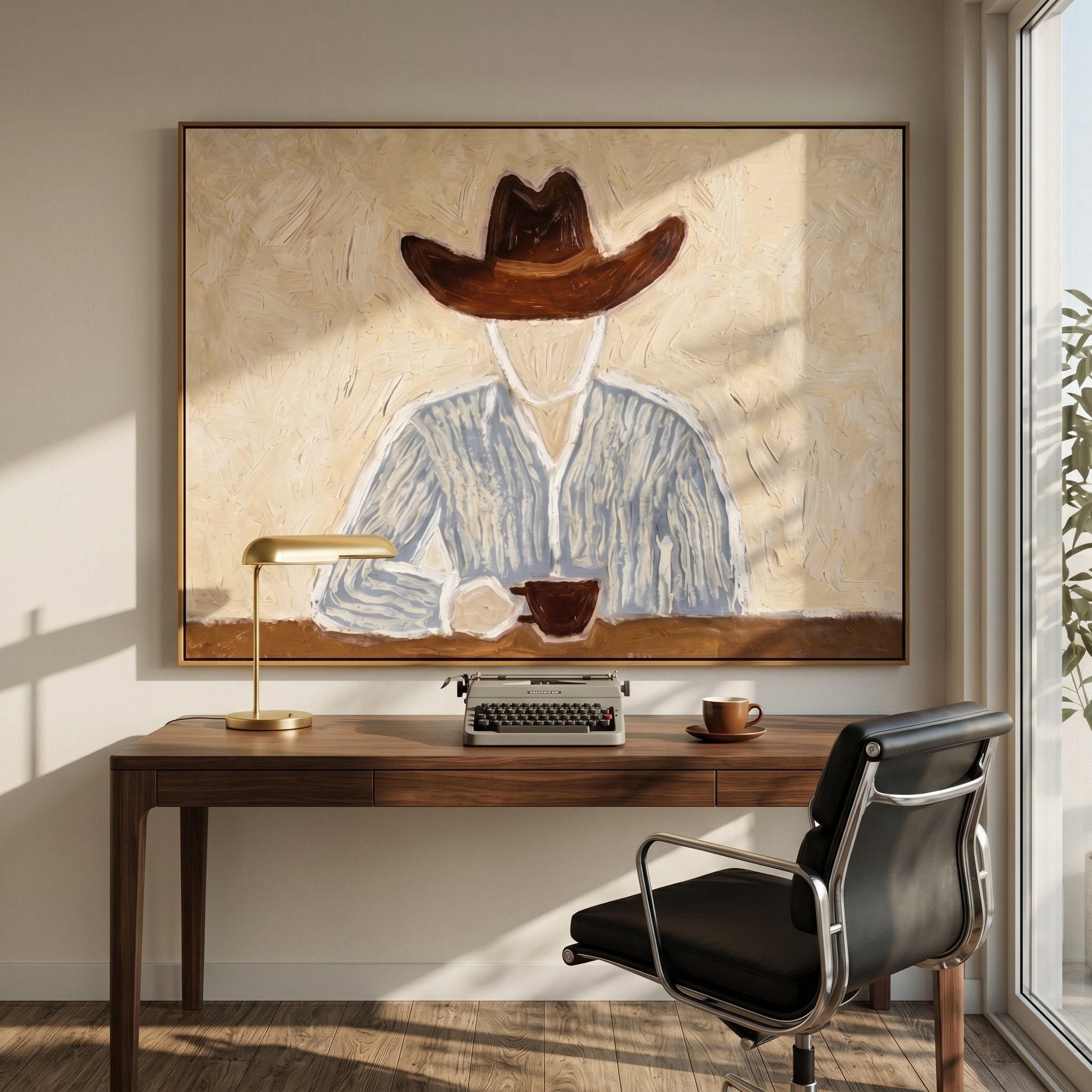 "Cowboy’s Quiet Coffee Break" – Modern Heavy Impasto Minimal Western Figurative | 3D Warm Cream & Slate Blue Palette Knife Painting | Luxury Horizontal Wall Art #PE 523