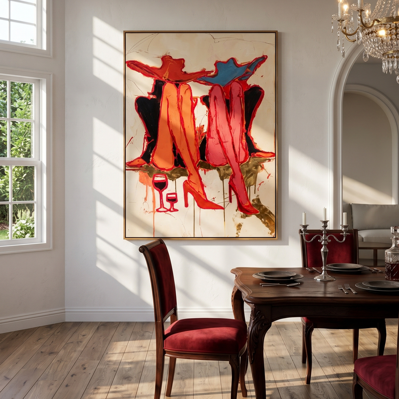 "Cowgirls’ Wine Hour" – Modern Heavy Impasto Abstract Figurative Art | 3D Crimson & Indigo Palette Knife Painting | Luxury Vertical Wall Art #PE 520