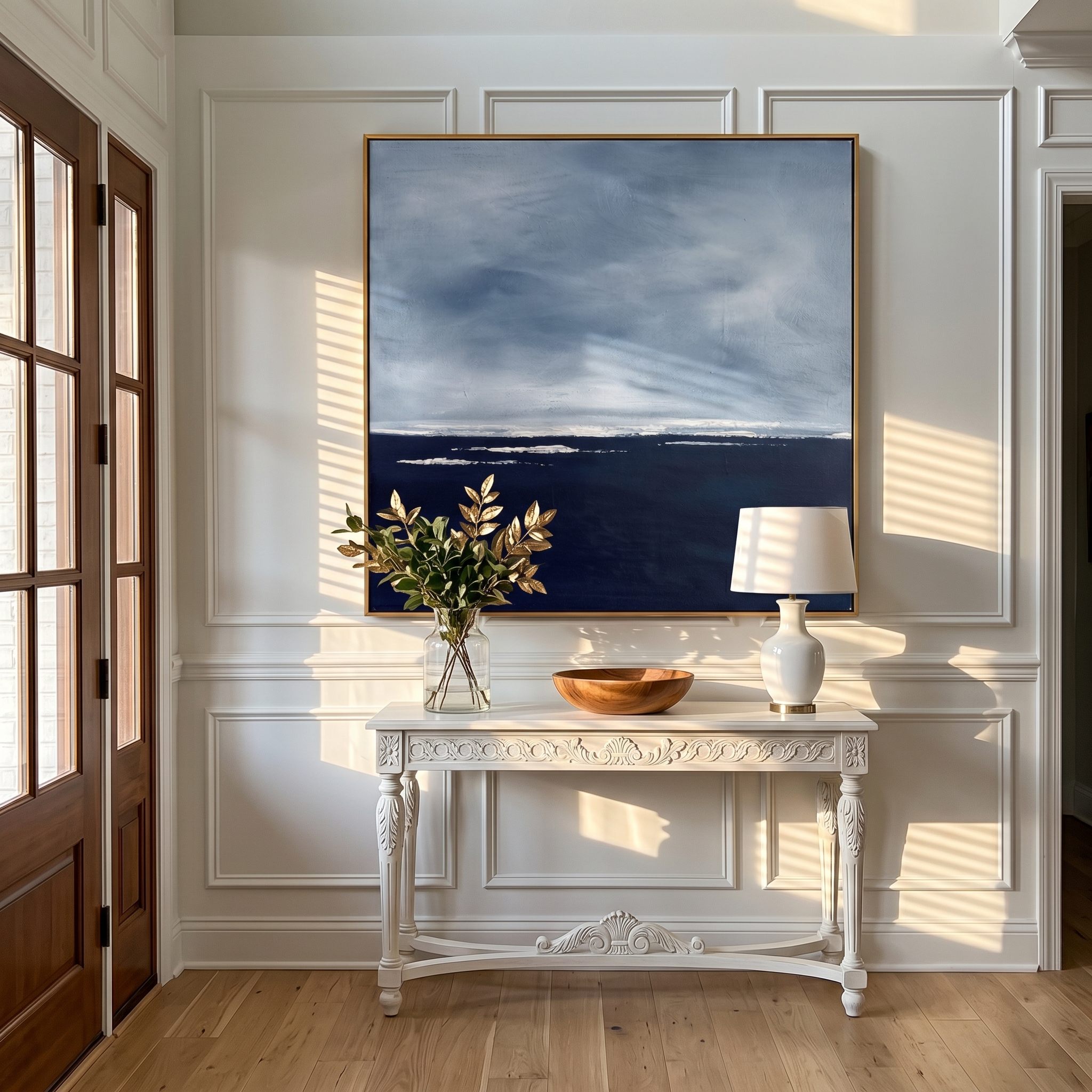 "Still Horizon" – Modern Heavy Impasto Seascape | Calm Blue & White Palette Knife Painting | Luxury Square Wall Art #PT 551