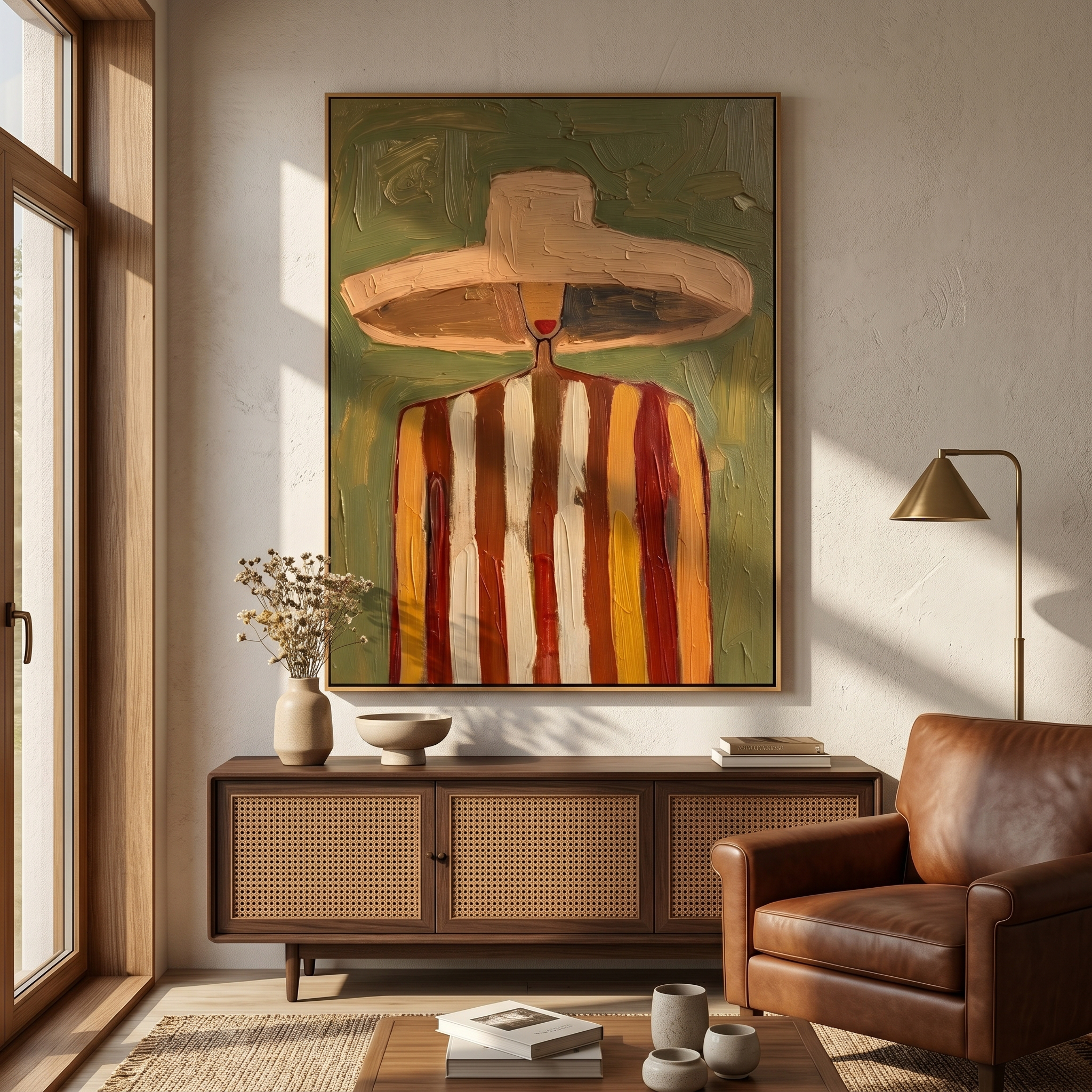 "Striped Silhouette" – Modern Heavy Impasto Abstract Portrait | 3D Olive & Terracotta Palette Knife Painting | Luxury Vertical Wall Art #PE 508