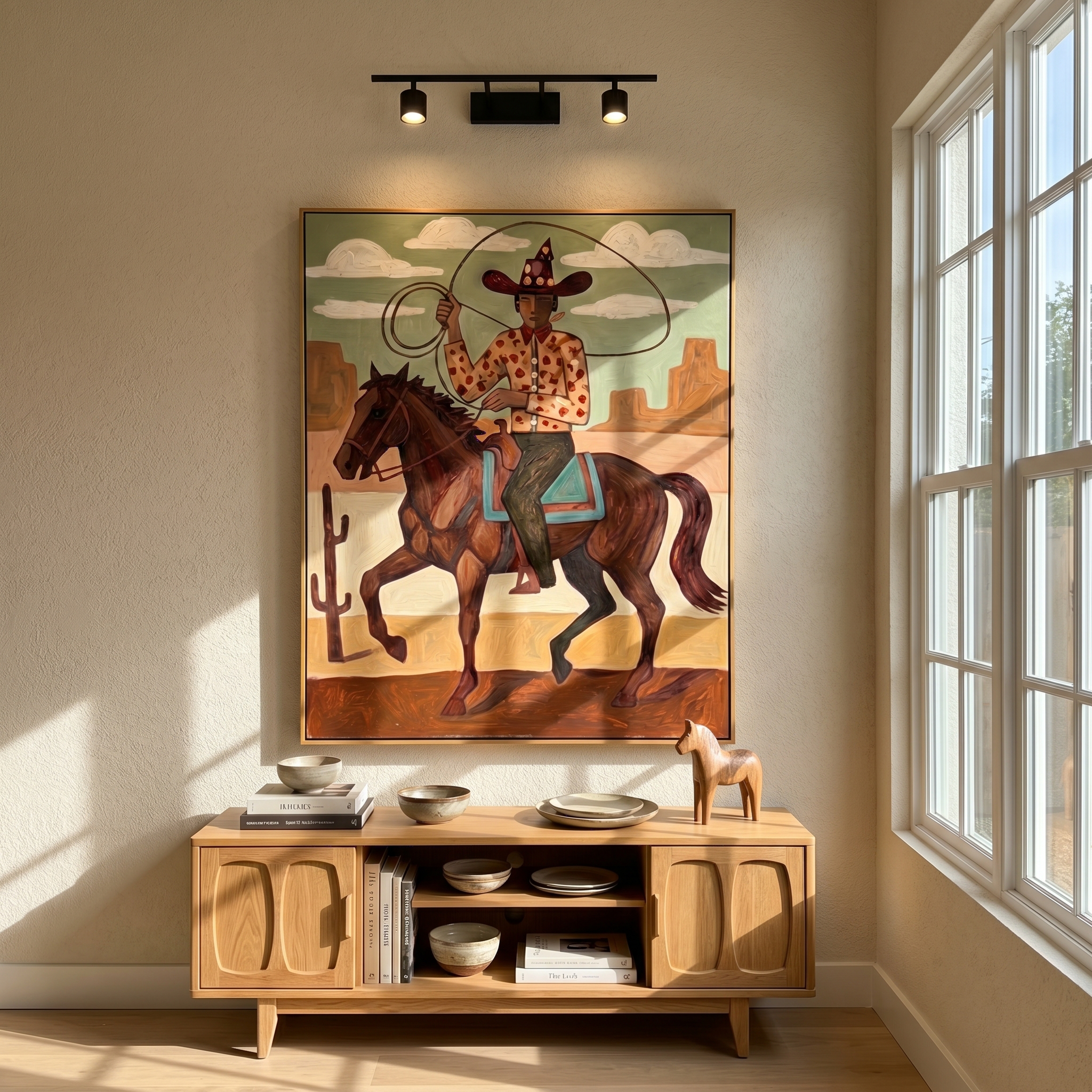 "Desert Lasso Cowboy" – Modern Heavy Impasto Southwestern Folk Figurative | 3D Sage Green & Terracotta Brown Palette Knife Painting | Luxury Vertical Wall Art #PT 559