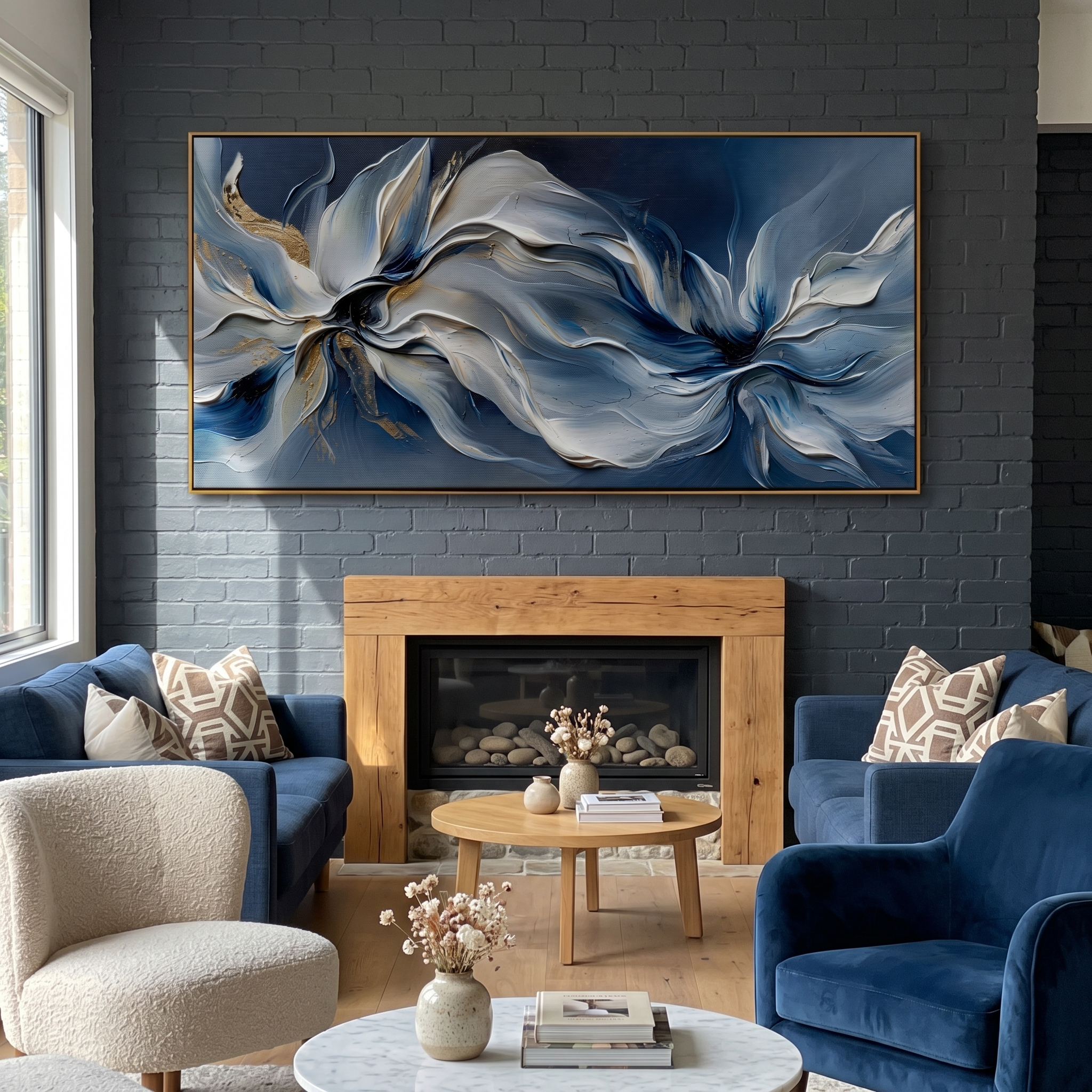 "Ethereal Blue Florals" – Expressive Impasto Abstract Artwork | Tactile Blue & Gold Flower Wave | Luxury Statement Horizontal Wall Art #PT 553