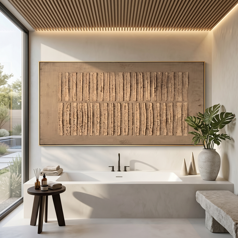 "Tactile Linear Rhythm" – Modern Heavy Impasto Abstract Art | 3D Taupe & Beige Palette Knife Painting | Luxury Horizontal Wall Art #WS 250