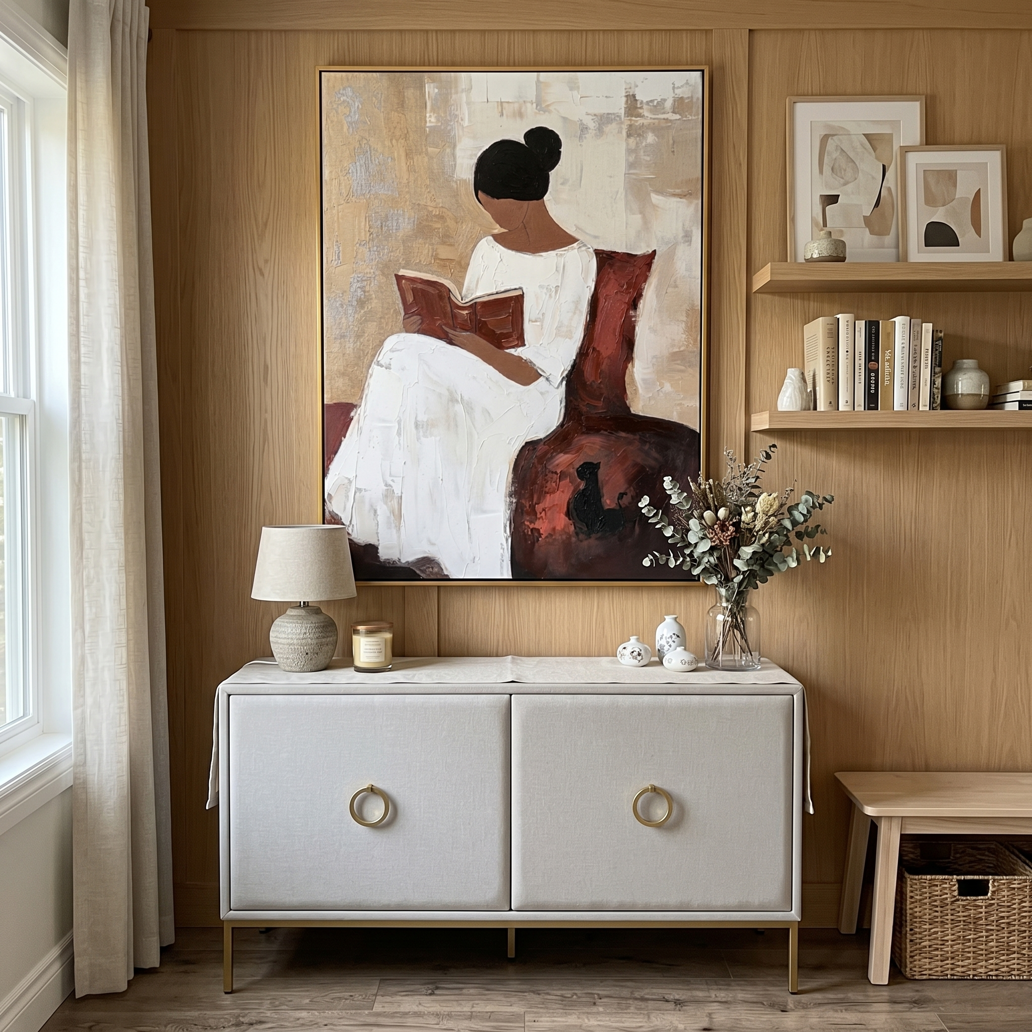 "Serene Reader's Moment" – Textured Abstract Portrait Art | Beige, White & Deep Red Woman with Book Painting | Contemporary Wall Decor #PE 500