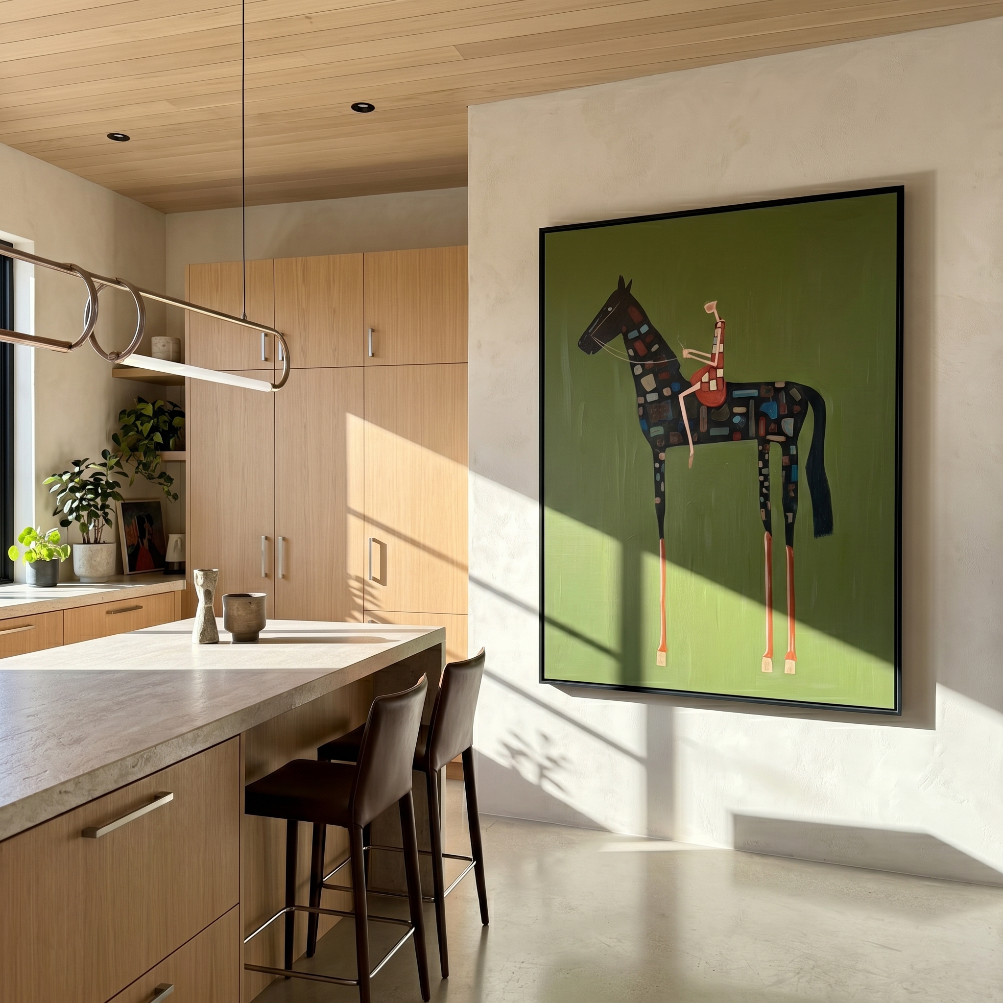 "Mosaic Patchwork Equestrian" – Modern Heavy Impasto Folk Figurative | 3D Moss Green & Multicolored Mosaic Palette Knife Painting | Luxury Square Wall Art #AB 512
