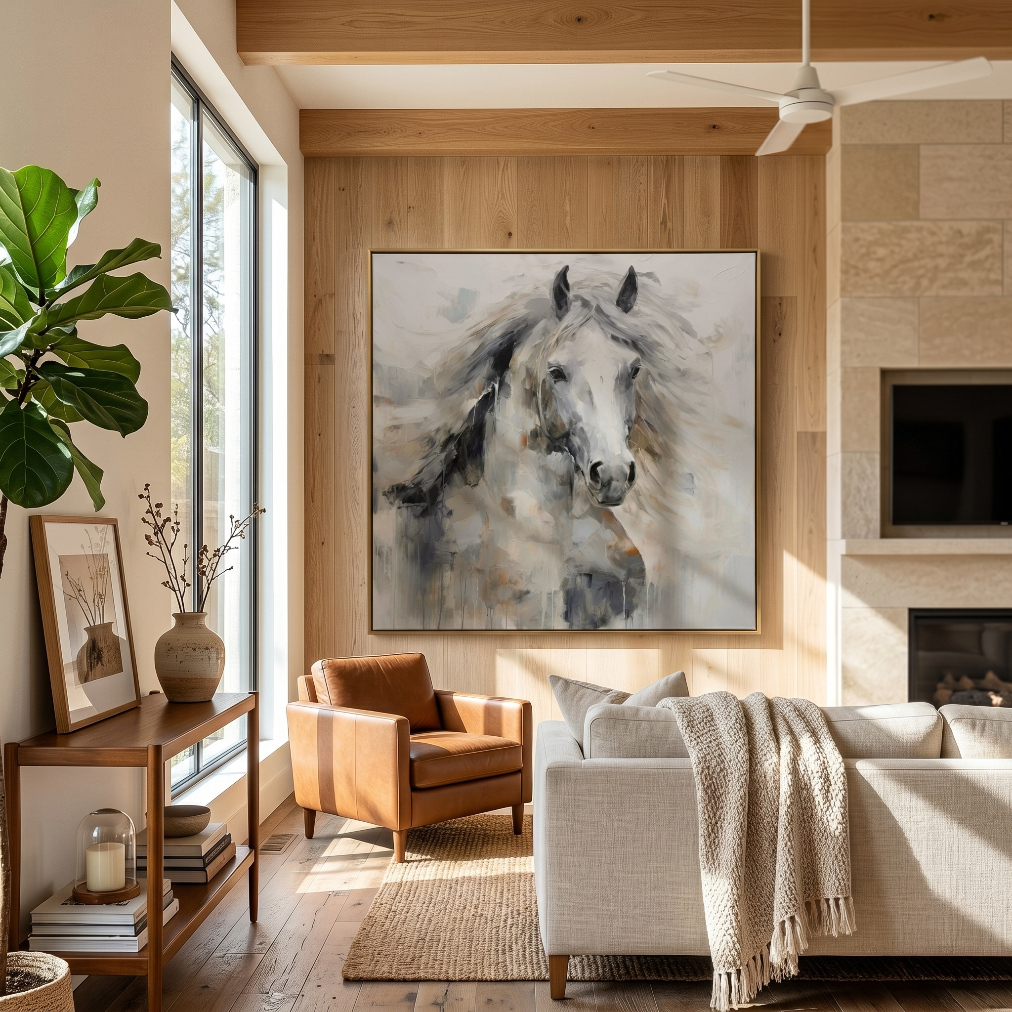 "The Silent Gallop" – Modern Expressive White Horse Impasto | Sophisticated Gray Tone 3D Texture Gallery Art #AN145