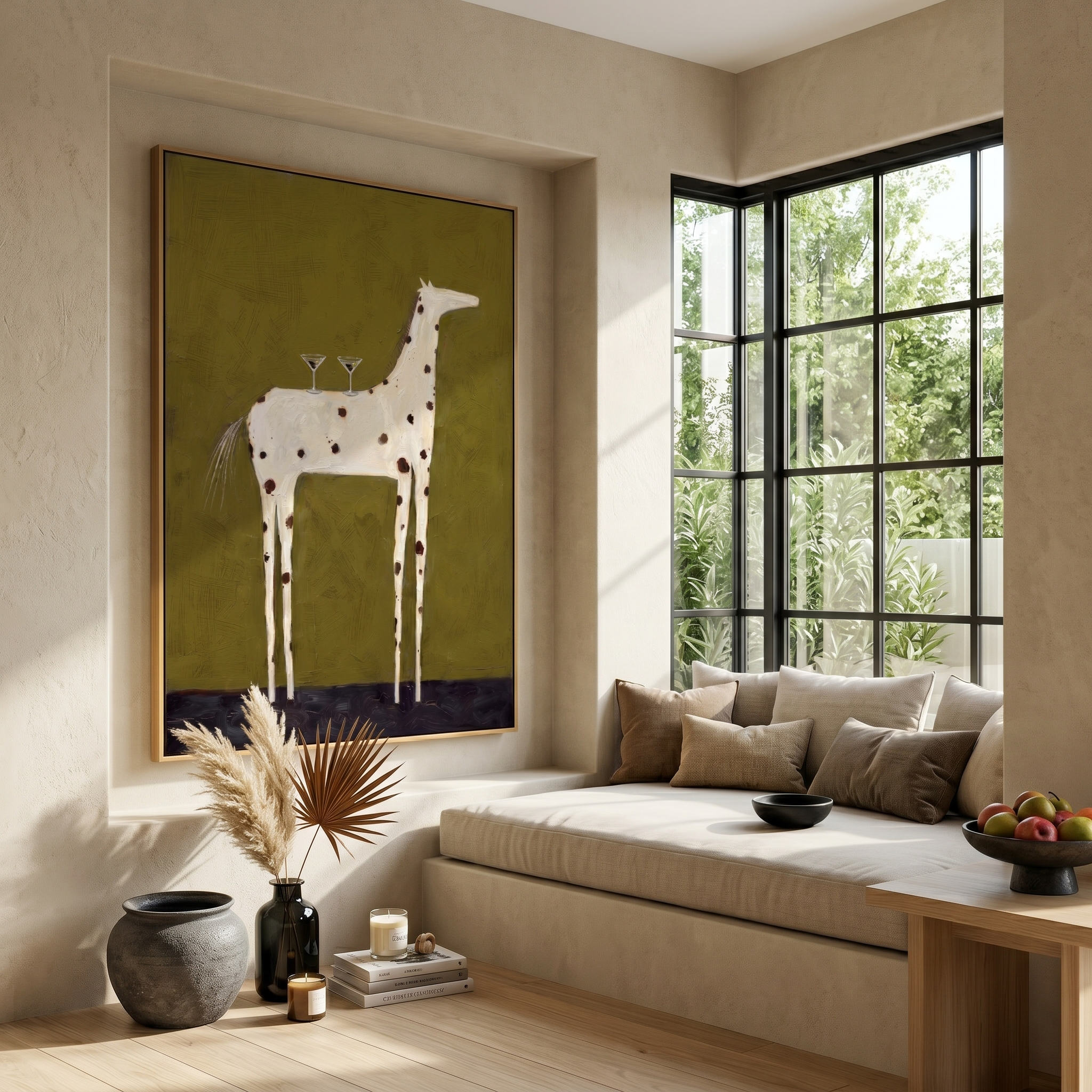 "Martini Giraffe Soirée" – Whimsical Heavy Impasto Painting | Funky Spotted Giraffe Artwork | Quirky Vertical Wall Art #AN148