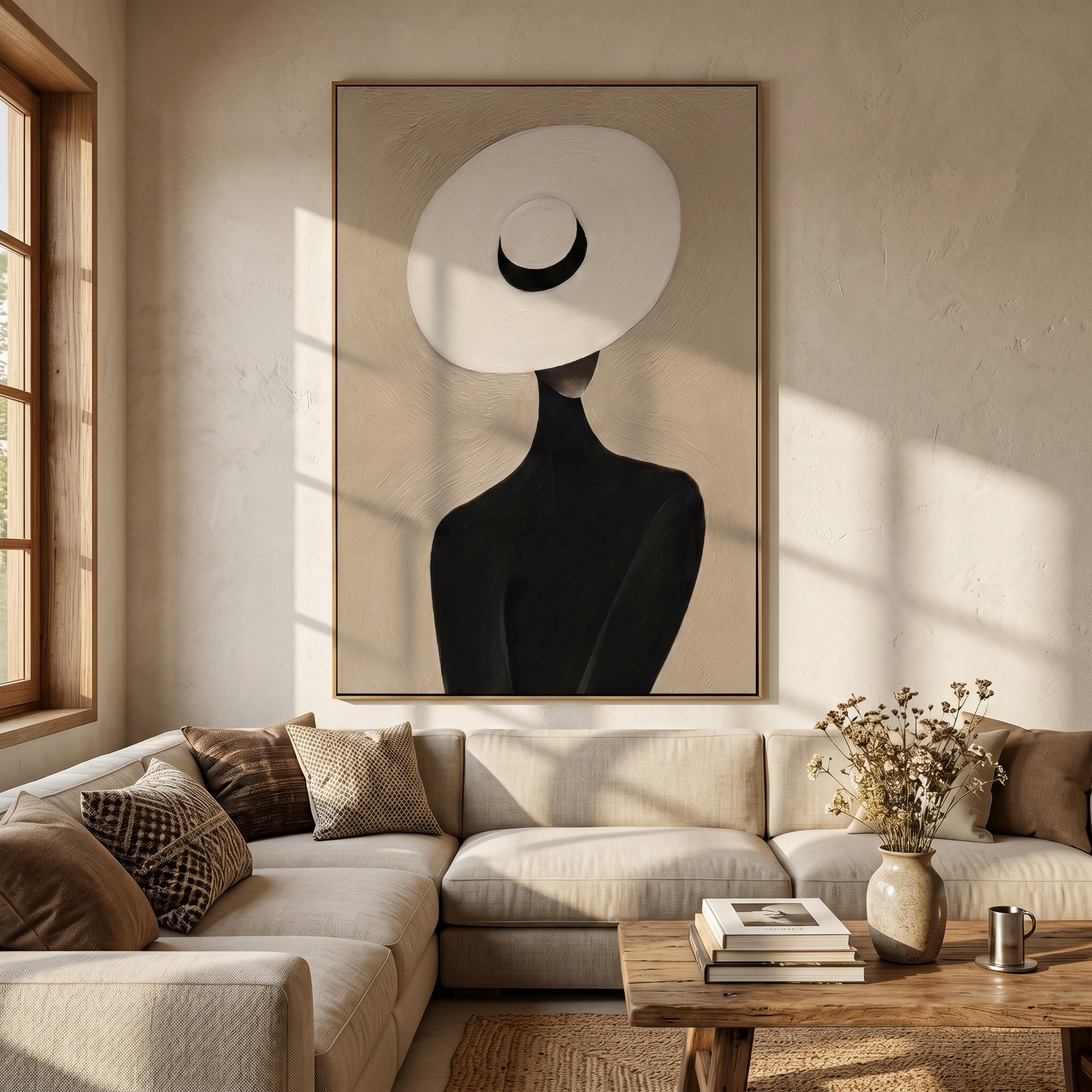 "The White Hat Silhouette" – Modern Heavy Impasto Abstract Portrait | 3D Beige & Noir Palette Knife Painting | Luxury Vertical Wall Art #PE 510