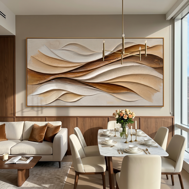 "Warm Current Flow" – Modern Textured Abstract Canvas | Earthy Beige & Gold 3D Wave Artwork | Luxury Living Room Wall Decor #PT 549