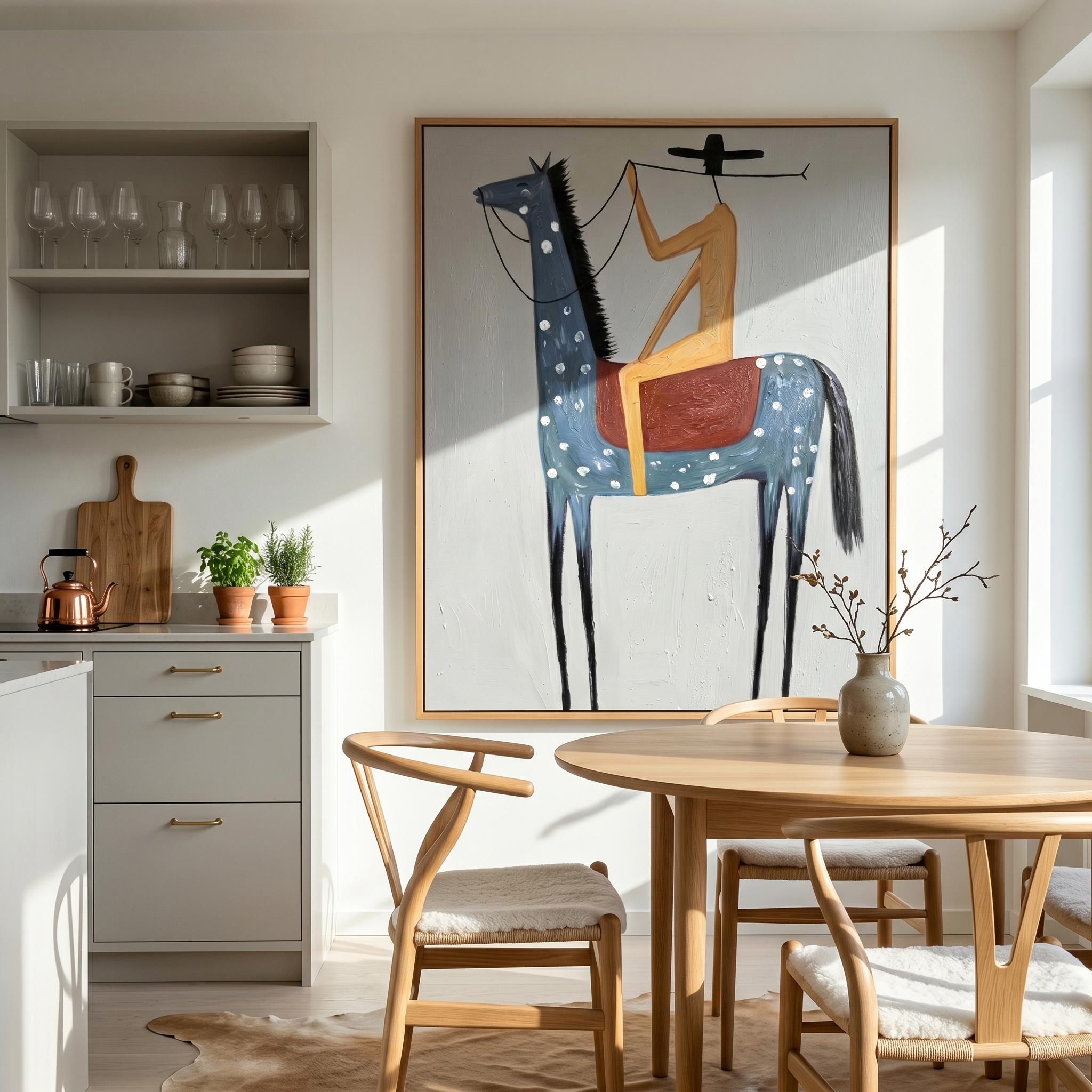 "Solitary Western Rider" – Modern Heavy Impasto Minimalist Figurative | 3D Slate Blue & Sand Ochre Palette Knife Painting | Luxury Vertical Wall Art #AB 504
