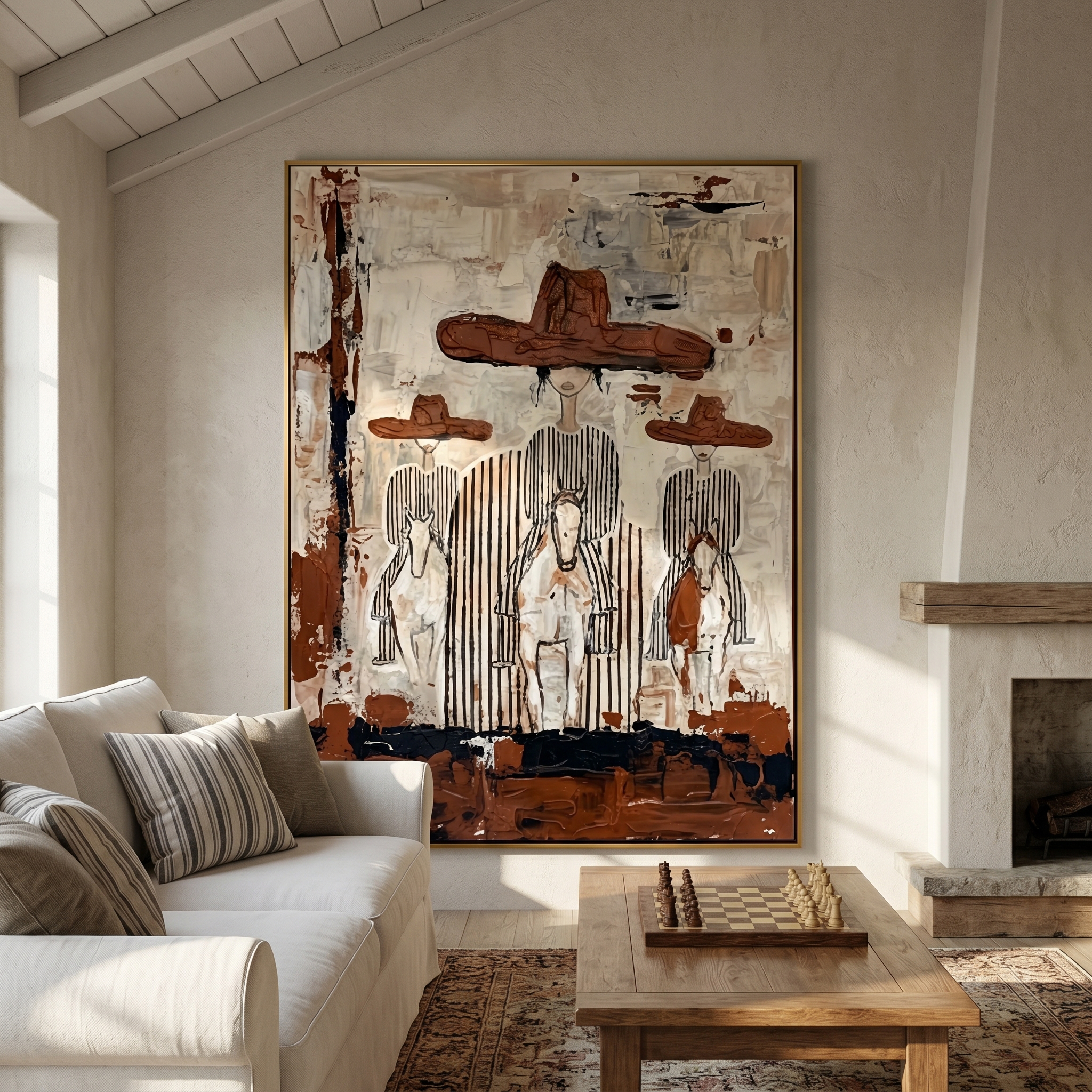 "Three Riders" – Modern Heavy Impasto Western Art | 3D Rust & Ivory Palette Knife Painting | Luxury Vertical Wall Art #PE 509