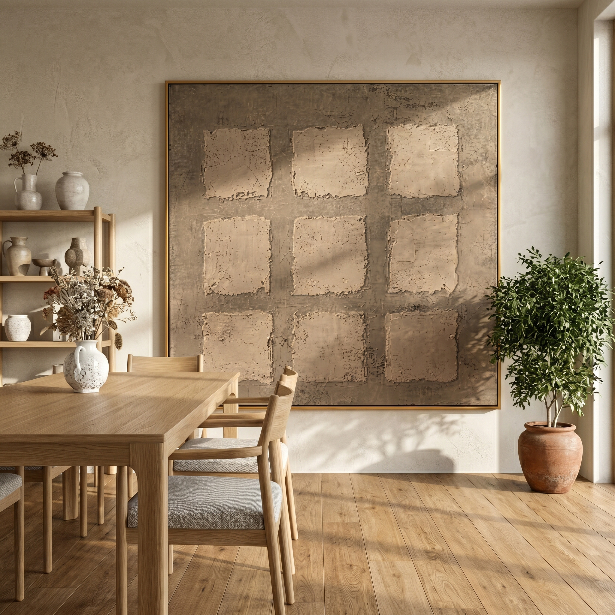 "Nine Squares in Taupe" – Modern Heavy Impasto Abstract Art | 3D Warm Taupe & Beige Palette Knife Painting | Luxury Square Wall Art #WS 248