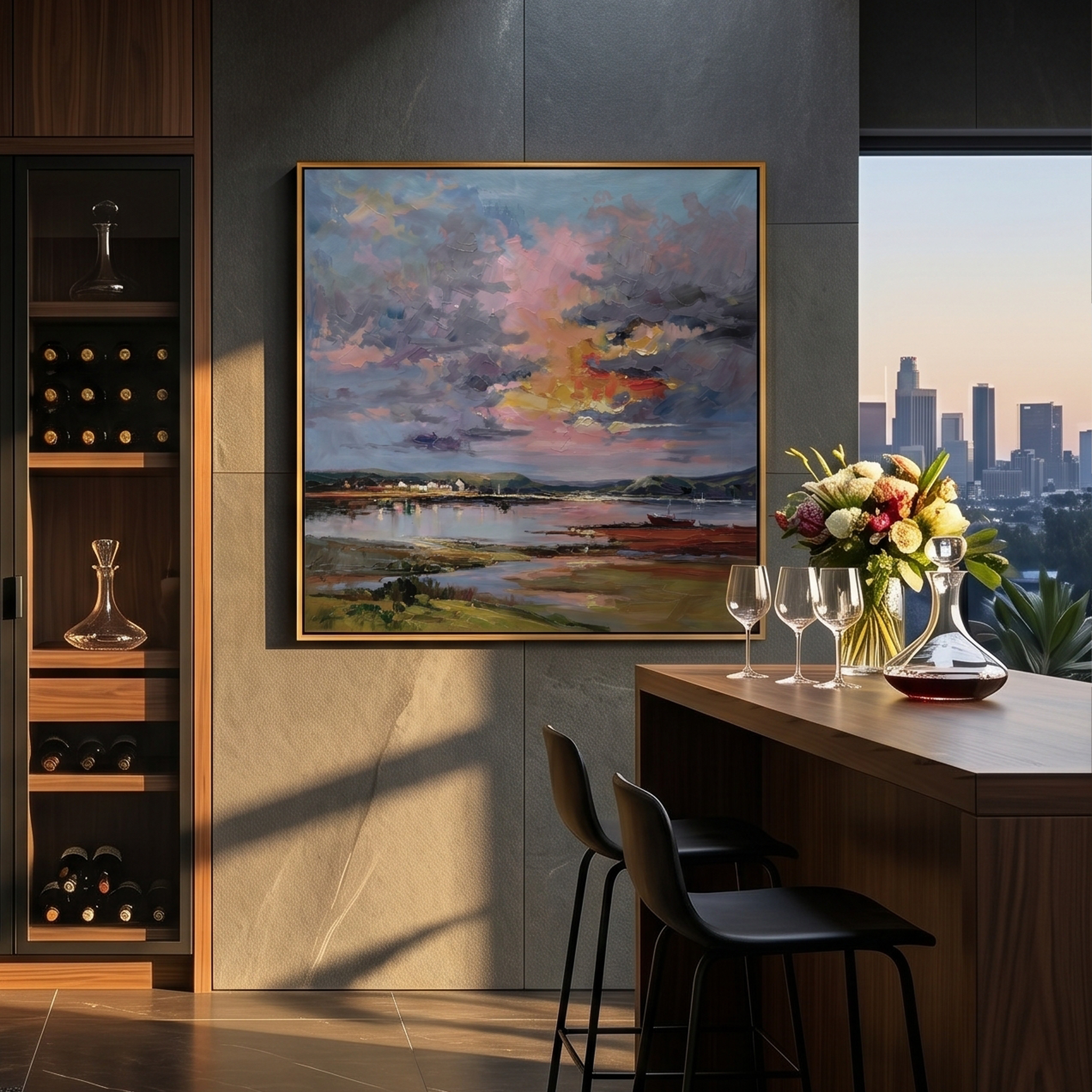 "The Gentle Glow" – Impressionist Sunset Village Scenery | Modern Pastoral Healing Style Landscape Wall Art #LC149