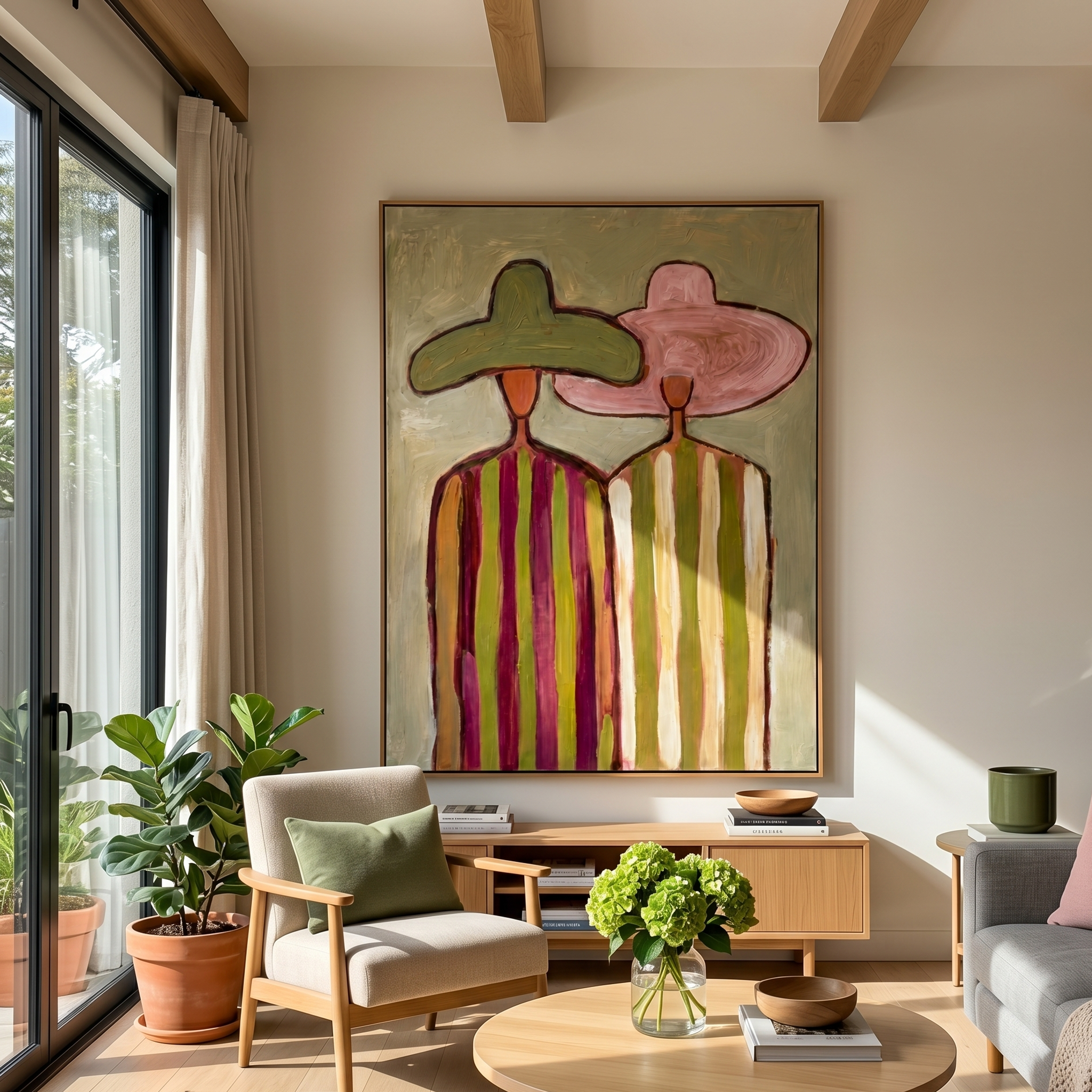 "The Striped Pair" – Modern Heavy Impasto Abstract Portrait | 3D Sage & Blush Palette Knife Painting | Luxury Vertical Wall Art #PE 514