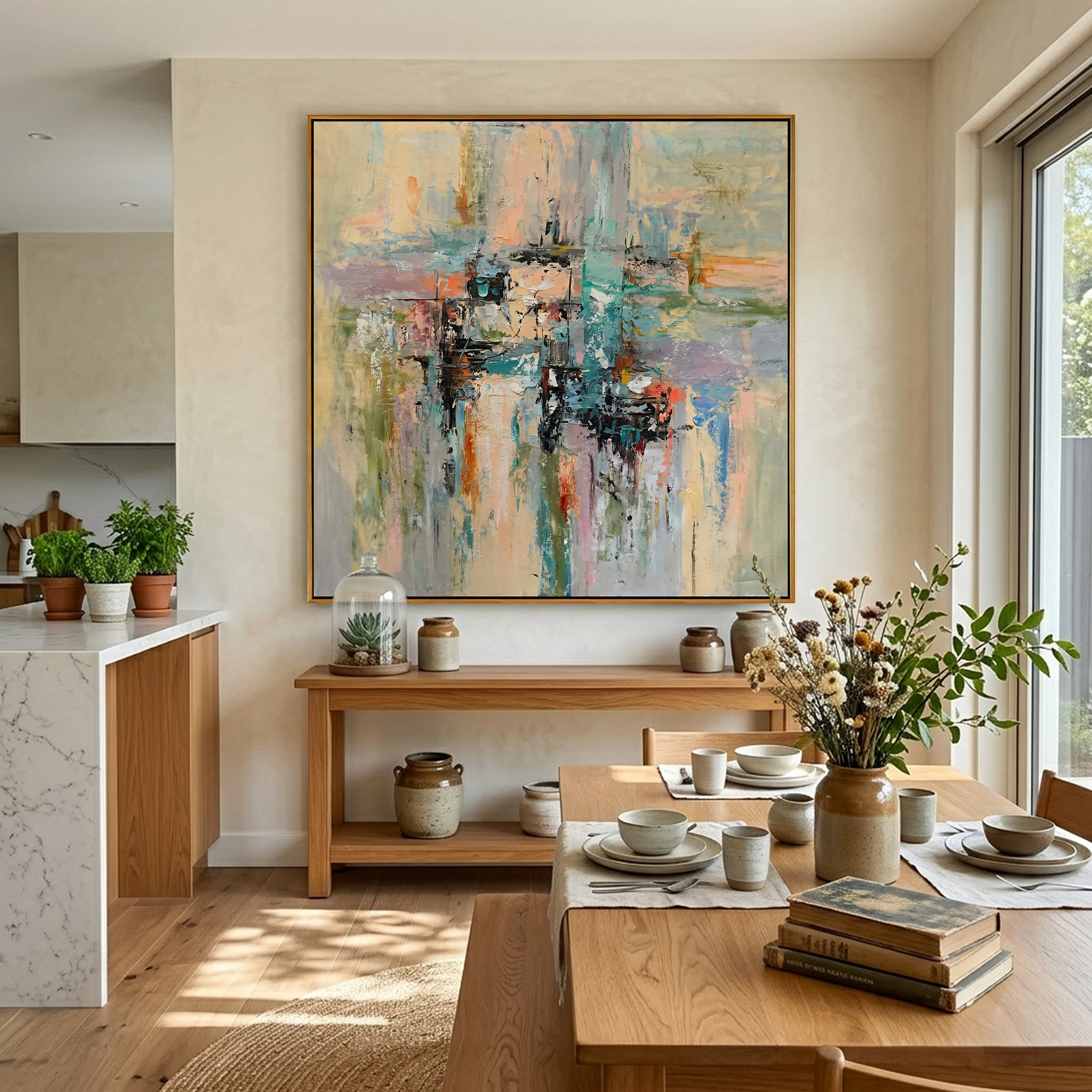 "Urban Reflection" – Modern Impressionist Waterfront Abstract | Serene Sage Green & Pastel Textured Gallery Art#AB1011