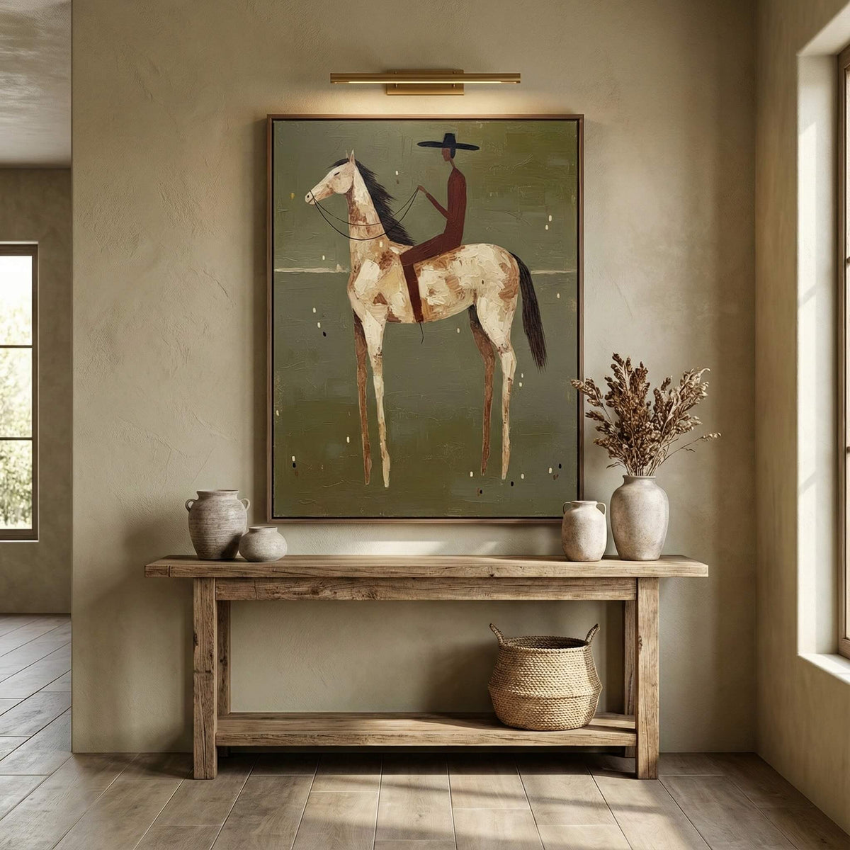 "Olive Solitude" - Modern Heavy Impasto Western Animal Artwork | Golden Palette Knife Painting | Luxury Vertical Wall Art #PT 2660