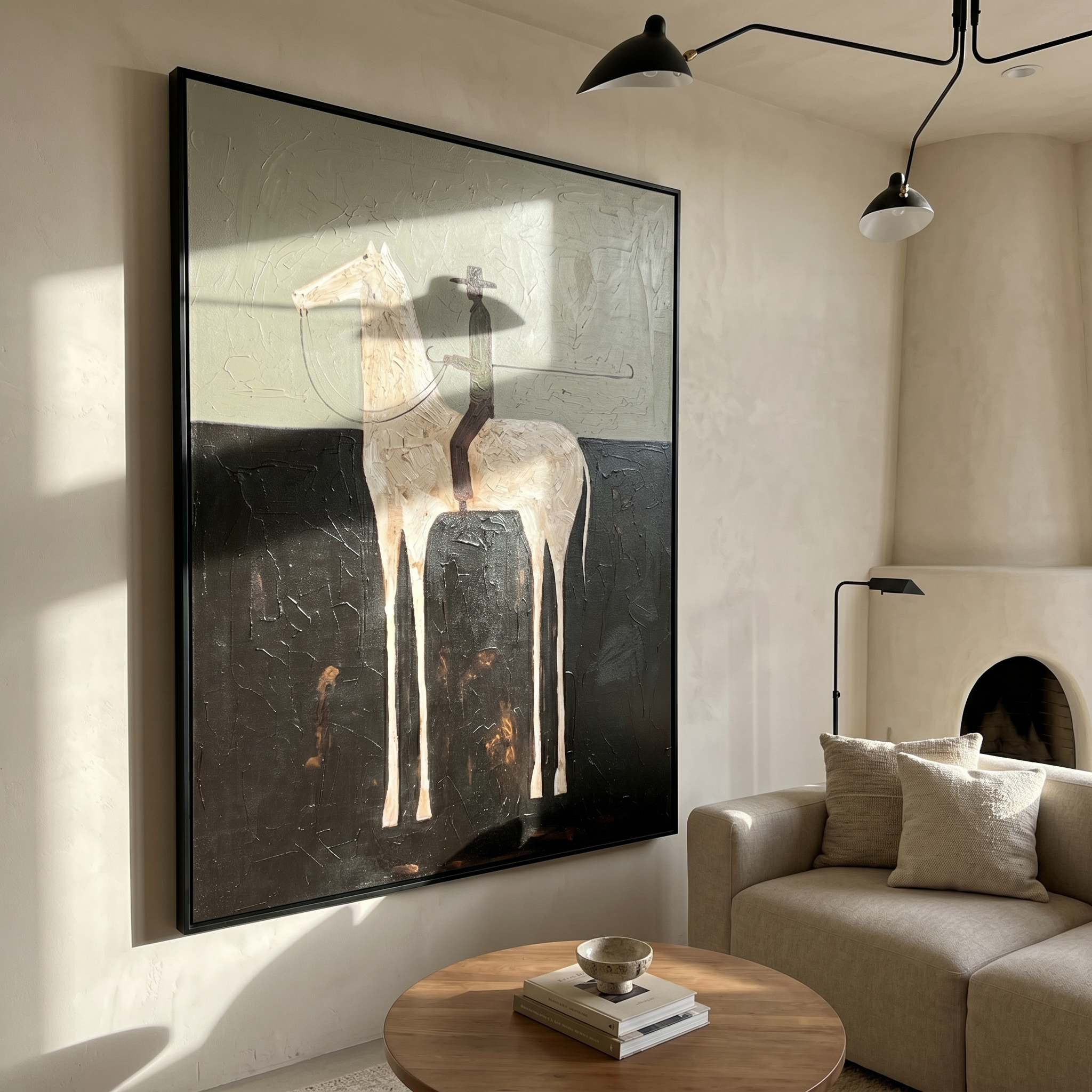 "Cowboy on the White Steed" – Stylized Minimalist Impasto Artwork | Earthy Tones Textured Wall Decor | Contemporary Vertical Statement Piece #AB 500