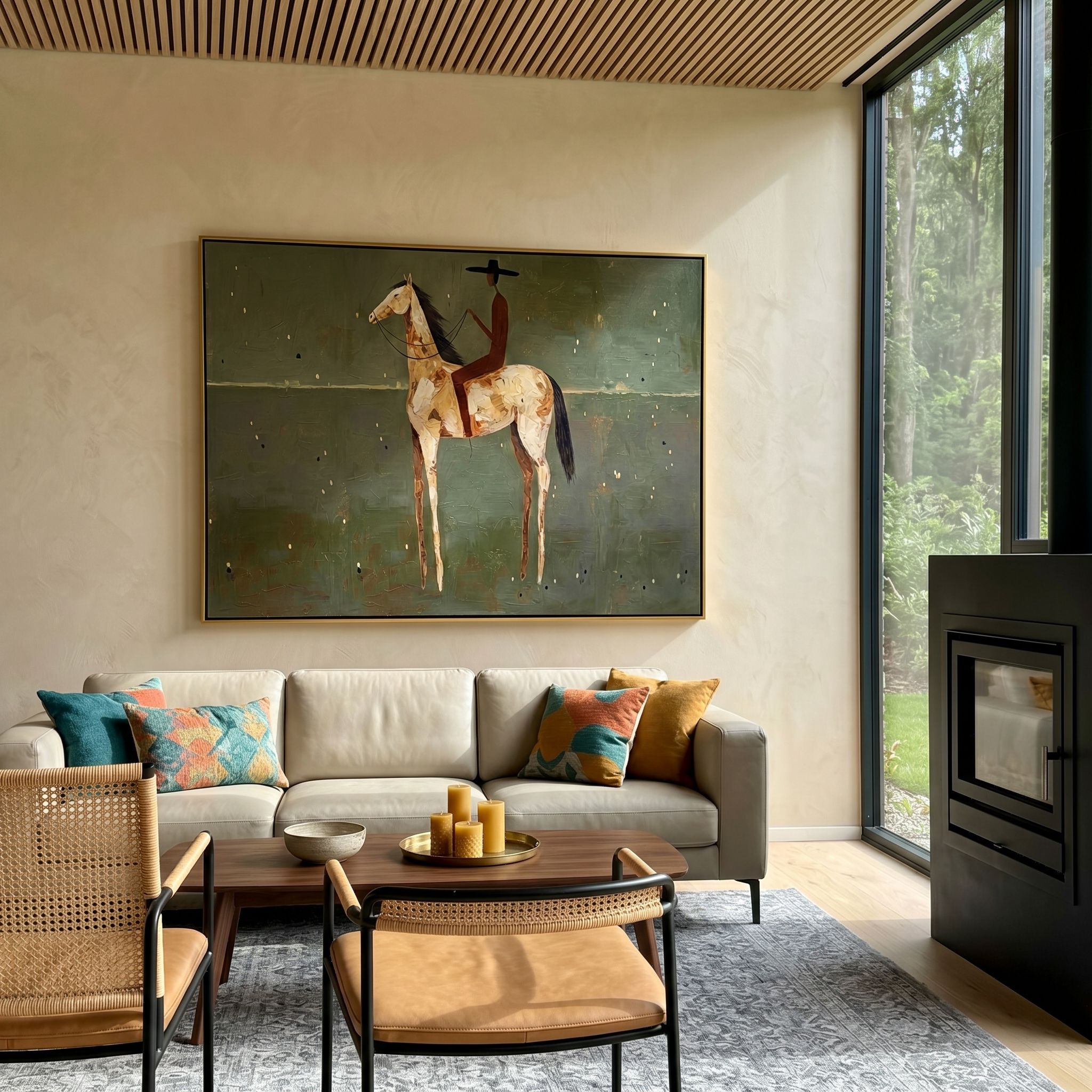 "Solitary Plains Cowboy Rider" – Modern Heavy Impasto Minimal Western Figurative | 3D Muted Sage & Cream Ochre Palette Knife Painting | Luxury Horizontal Wall Art #AB 518