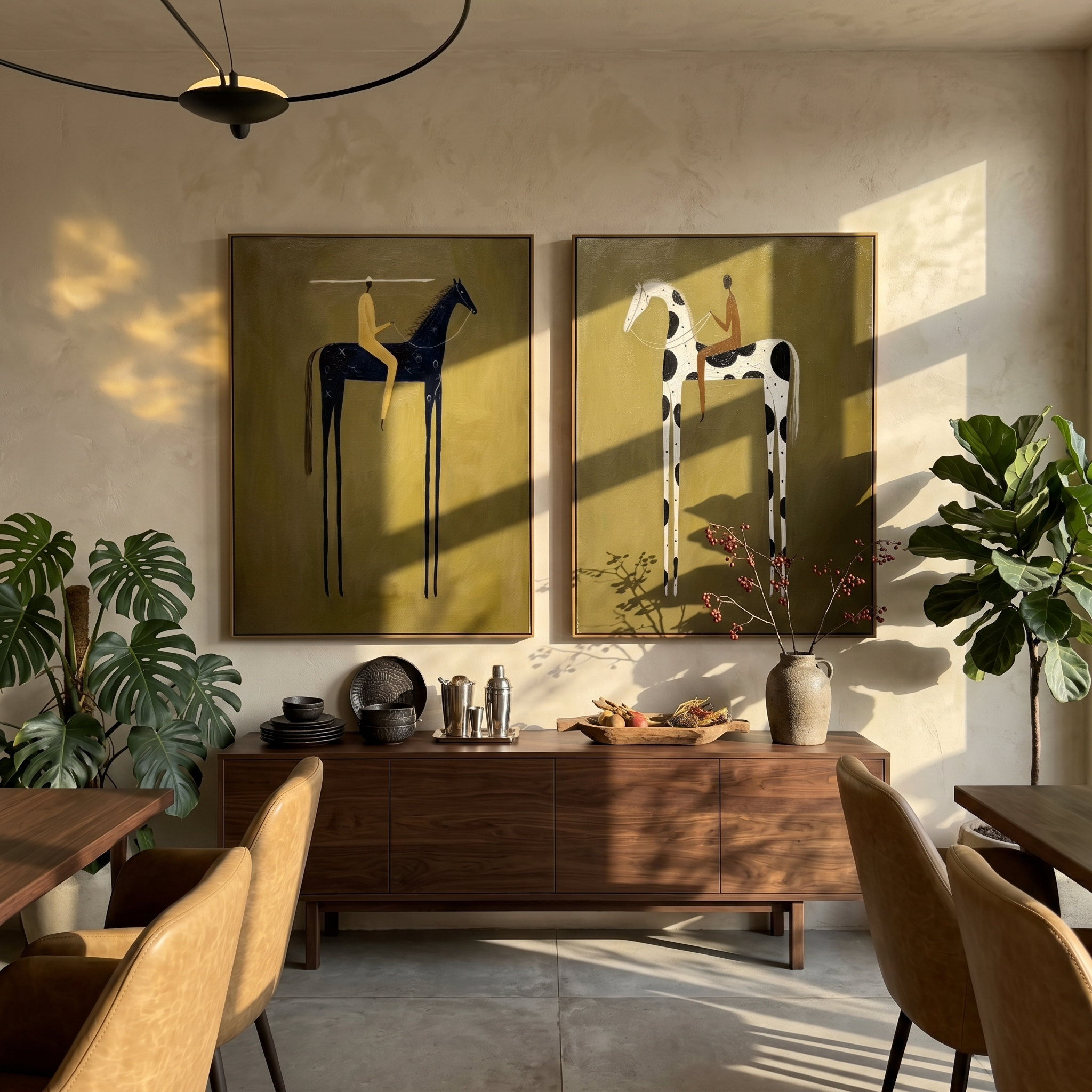 "Twin Riders' Journey" – Modern Heavy Impasto Figurative Set | 3D Olive & Contrast Palette Knife Paintings | Luxury Vertical Diptych Wall Art #AB 495