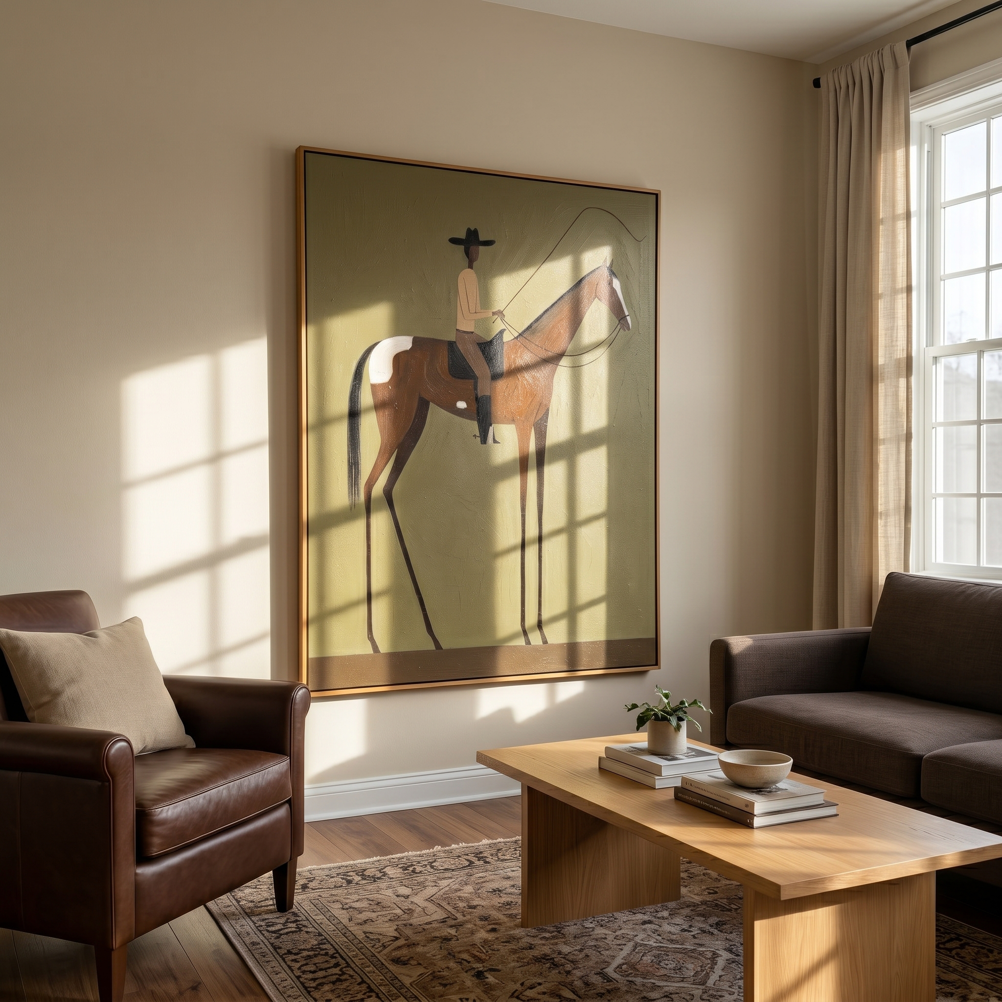 "Solo Pasture Cowboy" – Modern Heavy Impasto Minimal Western Figurative | 3D Moss Olive & Chestnut Palette Knife Painting | Luxury Vertical Wall Art #PT 507