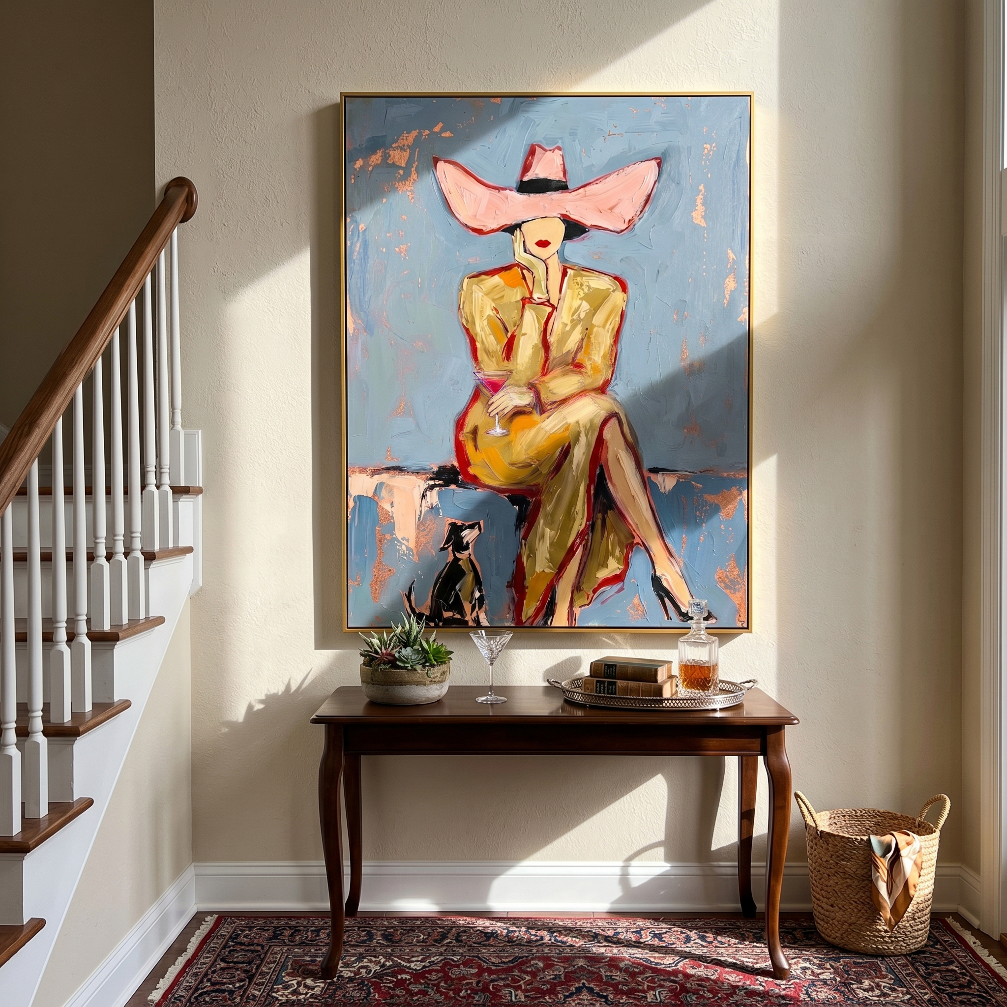 "Retro Elegance: Woman in Pink Hat" – Stylized Impasto Portrait | Sophisticated Neutral & Gold Accent Wall Decor | Contemporary Vertical Statement Piece #PE 507