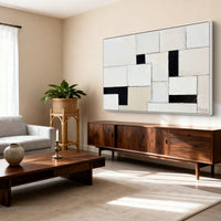 "Sand Geometric Flow" is a 100% hand-painted geometric abstract created with professional oil and acrylic paints on high-quality canvas. Its beige & black palette and visible textured strokes give every piece authentic handmade variation and tactile depth.