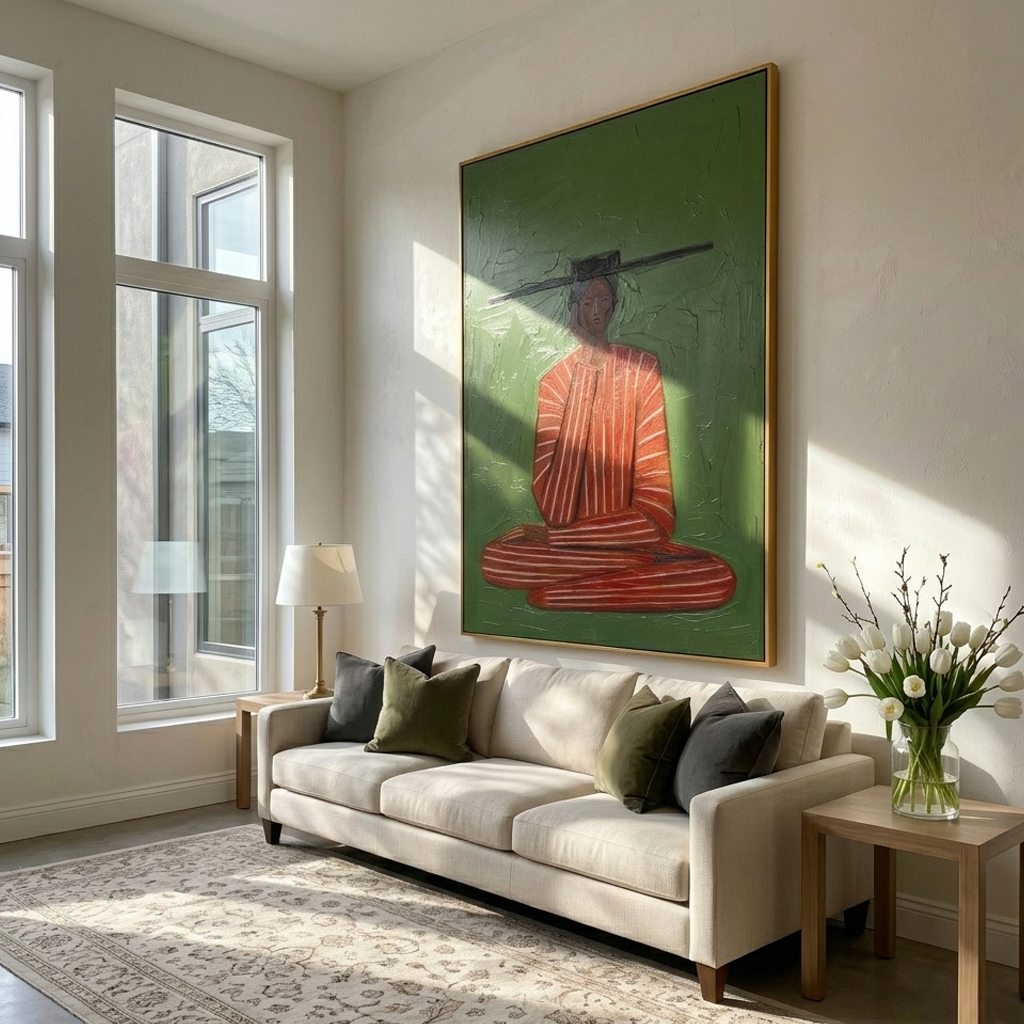 "Meditation in Stripes" – Textured Abstract Portrait Art | Bold Green & Red Zen Woman Painting | Contemporary Vertical Wall Decor #PE 503