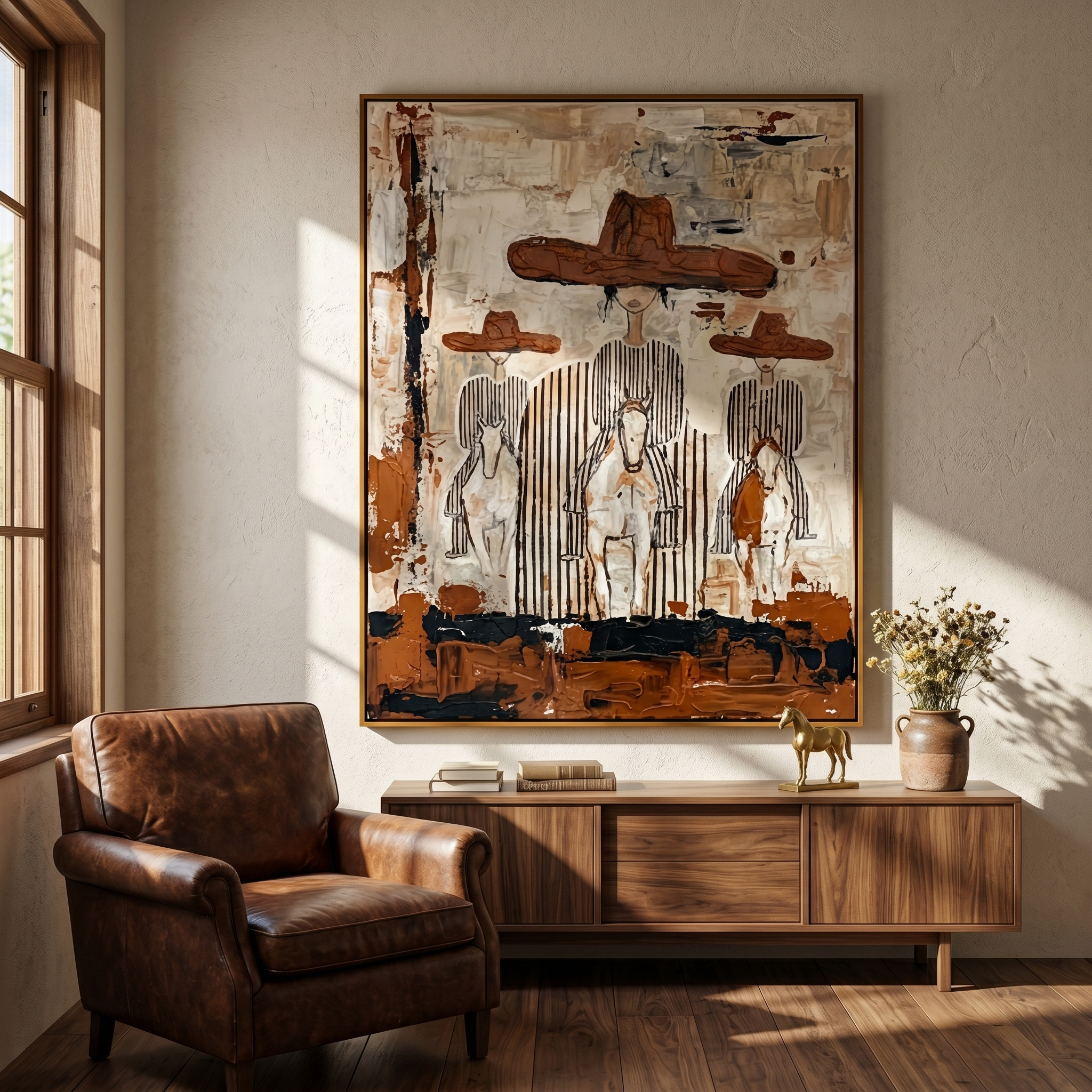 "Three Riders" – Modern Heavy Impasto Western Art | 3D Rust & Ivory Palette Knife Painting | Luxury Vertical Wall Art #PE 509