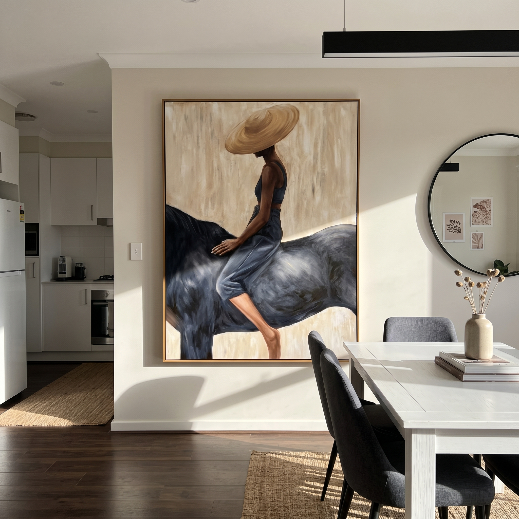 "Straw Hat & Midnight Horse" – Stylized Impasto Portrait | Neutral Tones Textured Wall Decor | Contemporary Vertical Statement Piece #PT 555