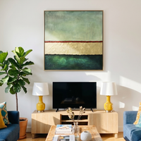 "Golden Muted Space" is a 100% hand-painted minimalist abstract created with professional oil and acrylic paints on high-quality canvas. Its gold & green palette and visible textured strokes give every piece authentic handmade variation and tactile depth.