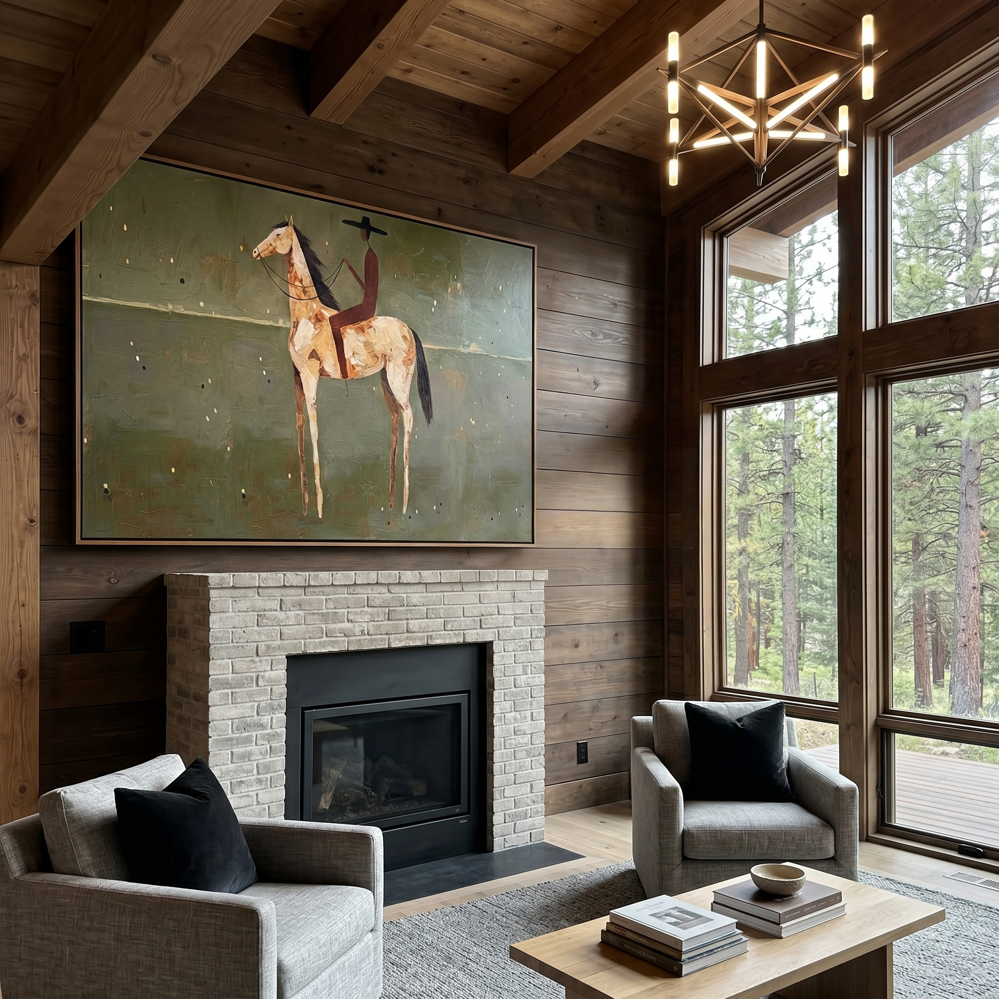 "Solitary Plains Cowboy Rider" – Modern Heavy Impasto Minimal Western Figurative | 3D Muted Sage & Cream Ochre Palette Knife Painting | Luxury Horizontal Wall Art #AB 518