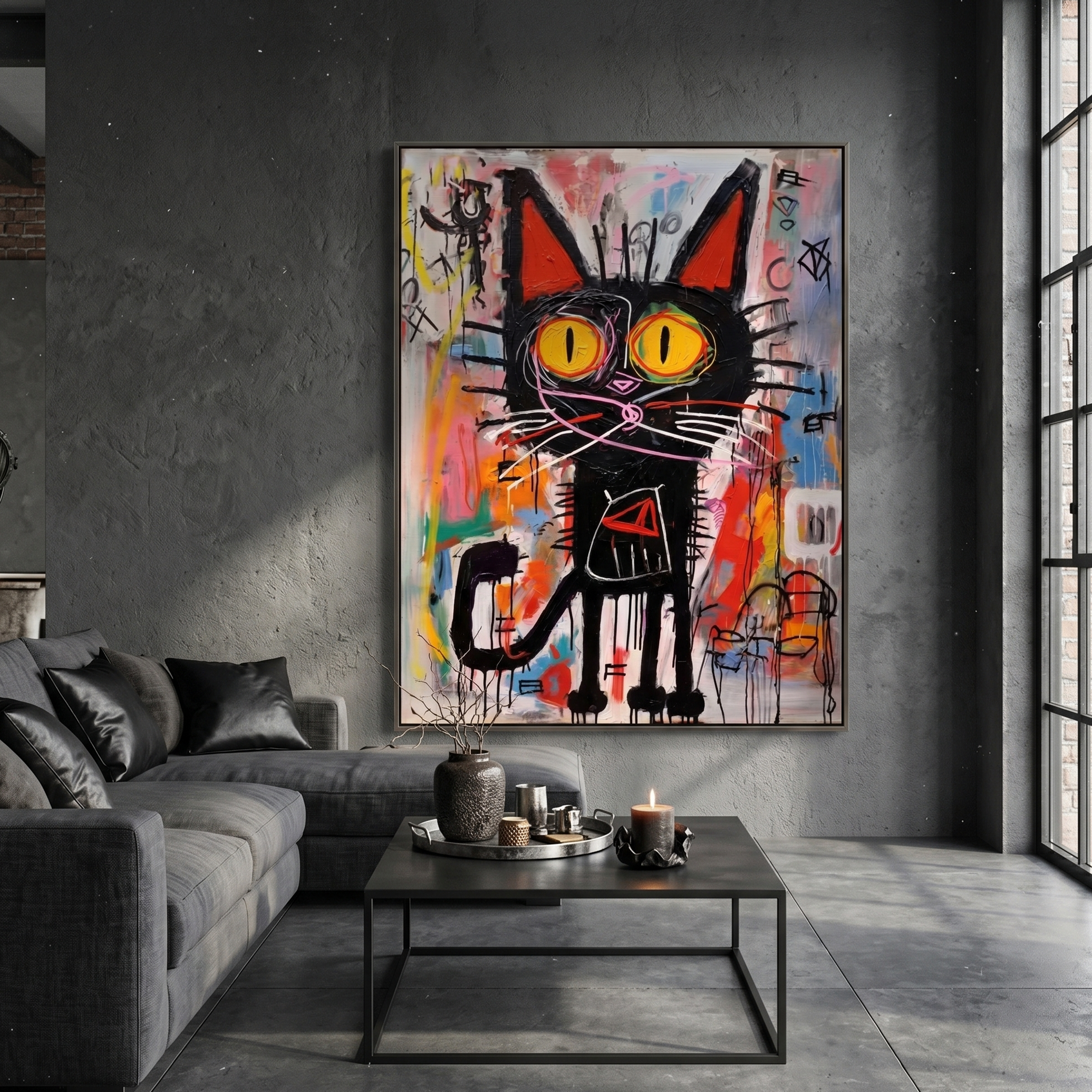 "Neon Street Cat" – Textured Abstract Graffiti Canvas | Vibrant Multicolor & Black Cat Expressionist Artwork | Urban Contemporary Wall Decor #AN 149