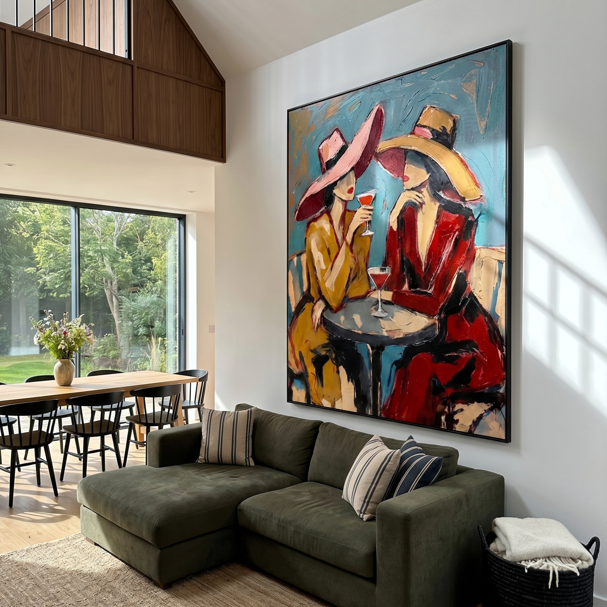 "Cocktail Hour Companions" – Modern Heavy Impasto Figurative Art | 3D Teal & Crimson Palette Knife Painting | Luxury Vertical Wall Art #PE 517