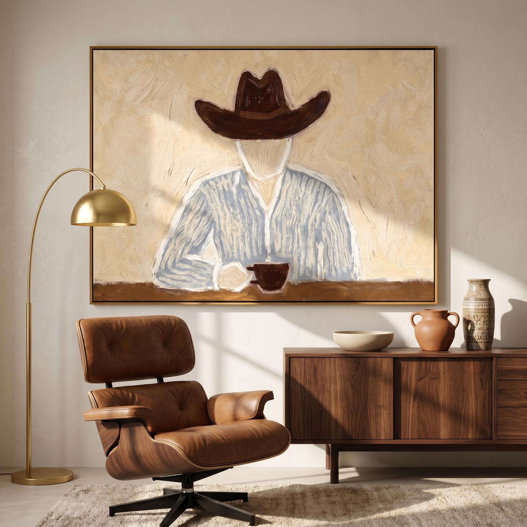 "Cowboy’s Quiet Coffee Break" – Modern Heavy Impasto Minimal Western Figurative | 3D Warm Cream & Slate Blue Palette Knife Painting | Luxury Horizontal Wall Art #PE 523