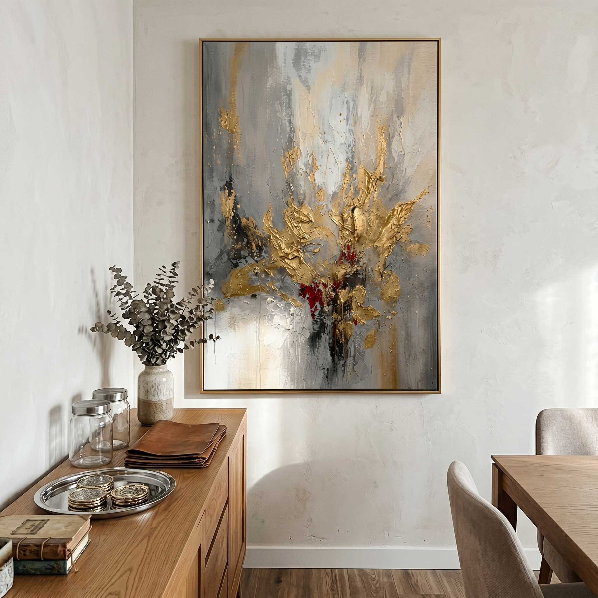 "Golden Awakening" – Luxury 3D Heavy Impasto Gold Leaf Abstract | Modern Smokey Gray Statement Art for Mansion #AB952