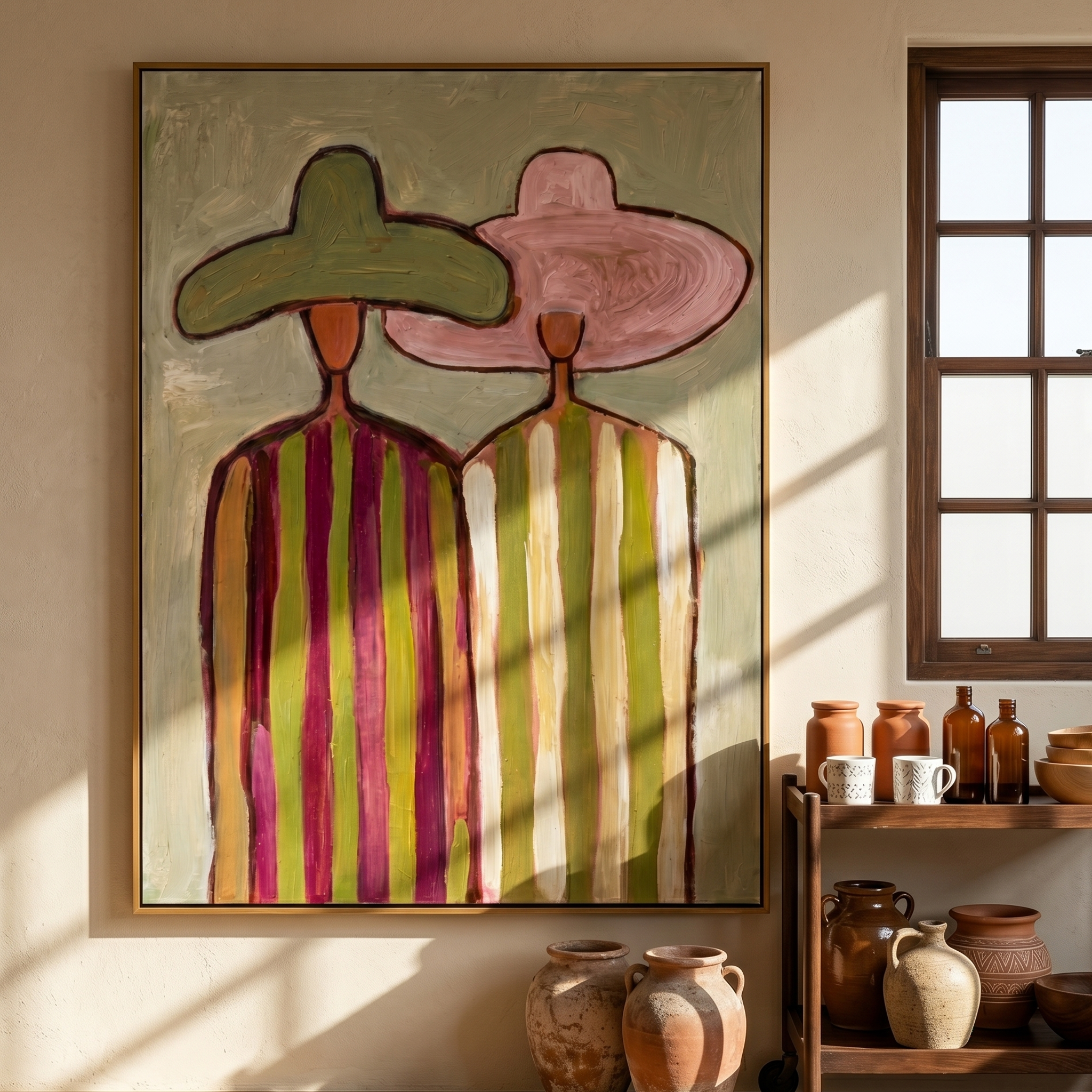 "The Striped Pair" – Modern Heavy Impasto Abstract Portrait | 3D Sage & Blush Palette Knife Painting | Luxury Vertical Wall Art #PE 514