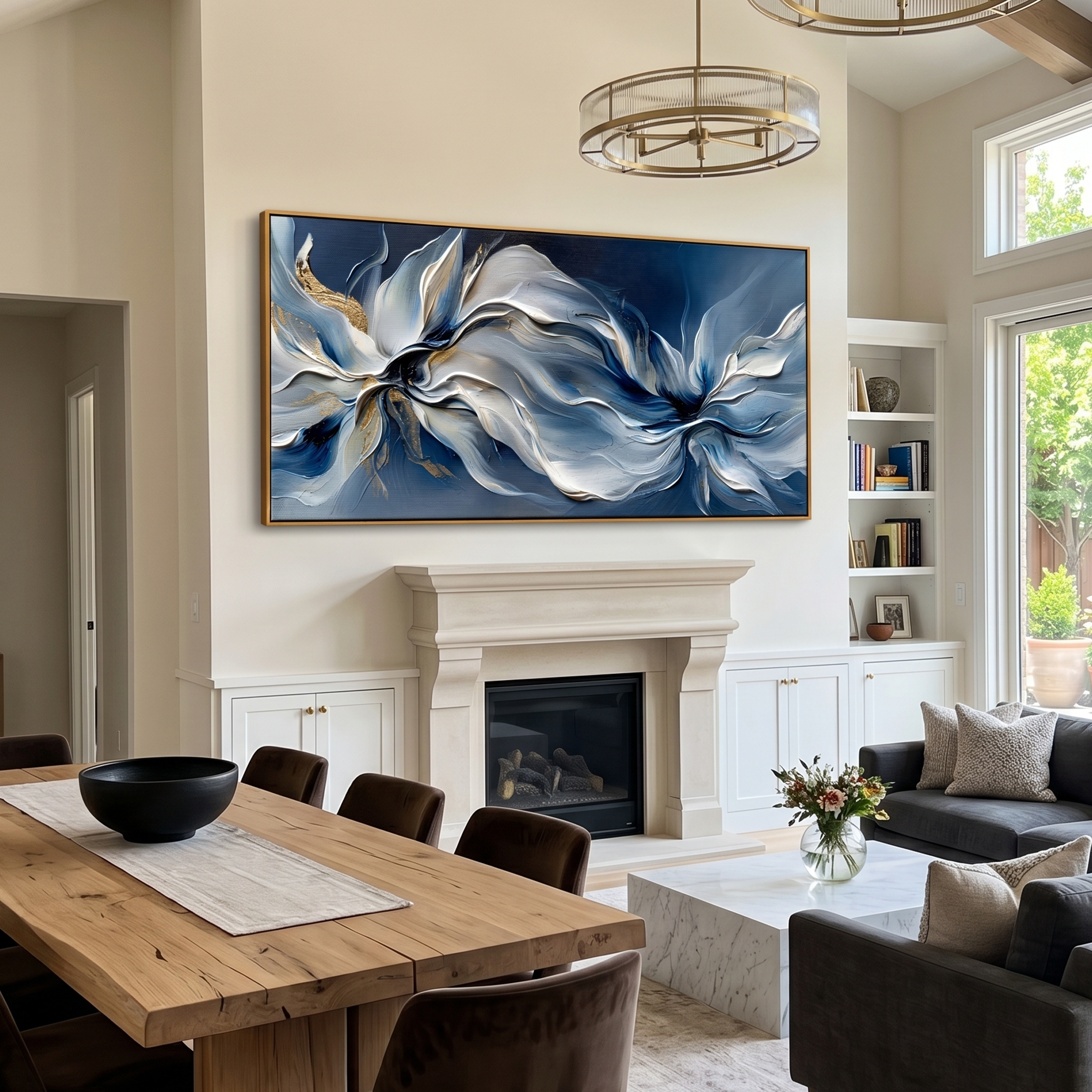 "Ethereal Blue Florals" – Expressive Impasto Abstract Artwork | Tactile Blue & Gold Flower Wave | Luxury Statement Horizontal Wall Art #PT 553