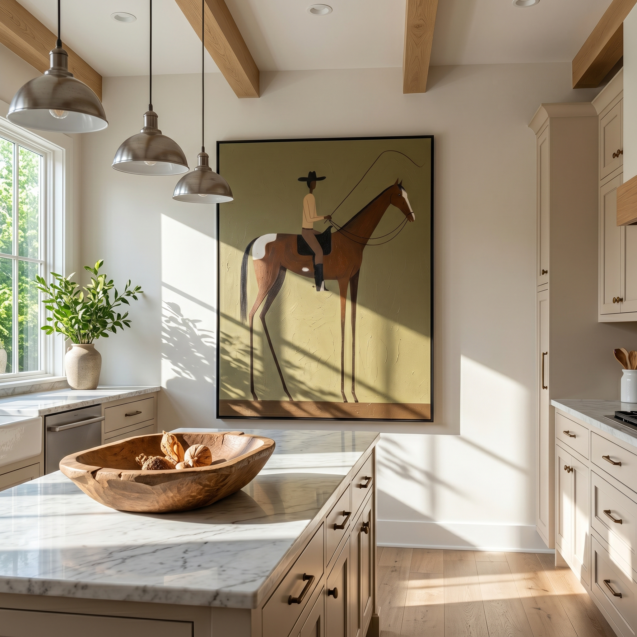 "Solo Pasture Cowboy" – Modern Heavy Impasto Minimal Western Figurative | 3D Moss Olive & Chestnut Palette Knife Painting | Luxury Vertical Wall Art #PT 507