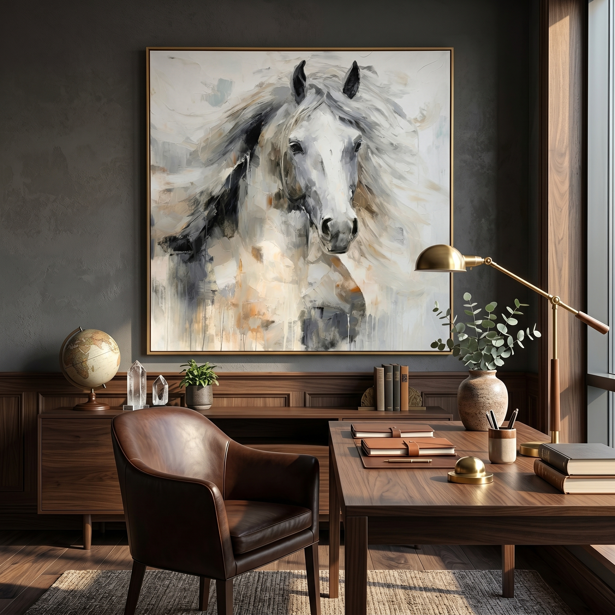 "The Silent Gallop" – Modern Expressive White Horse Impasto | Sophisticated Gray Tone 3D Texture Gallery Art #AN145
