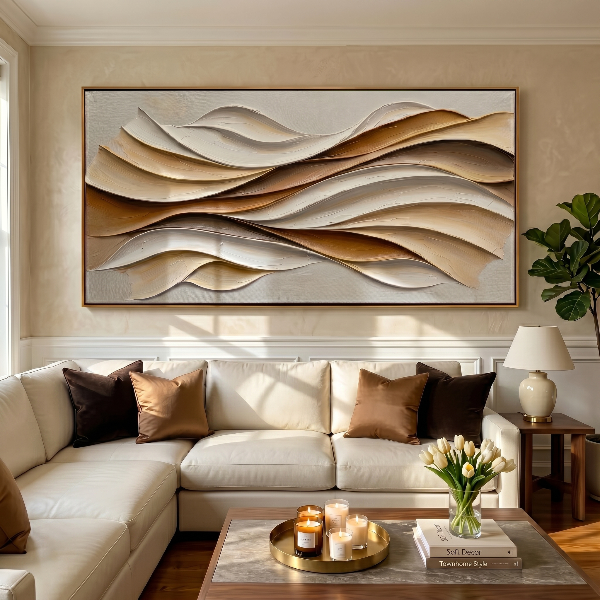 "Warm Current Flow" – Modern Textured Abstract Canvas | Earthy Beige & Gold 3D Wave Artwork | Luxury Living Room Wall Decor #PT 549